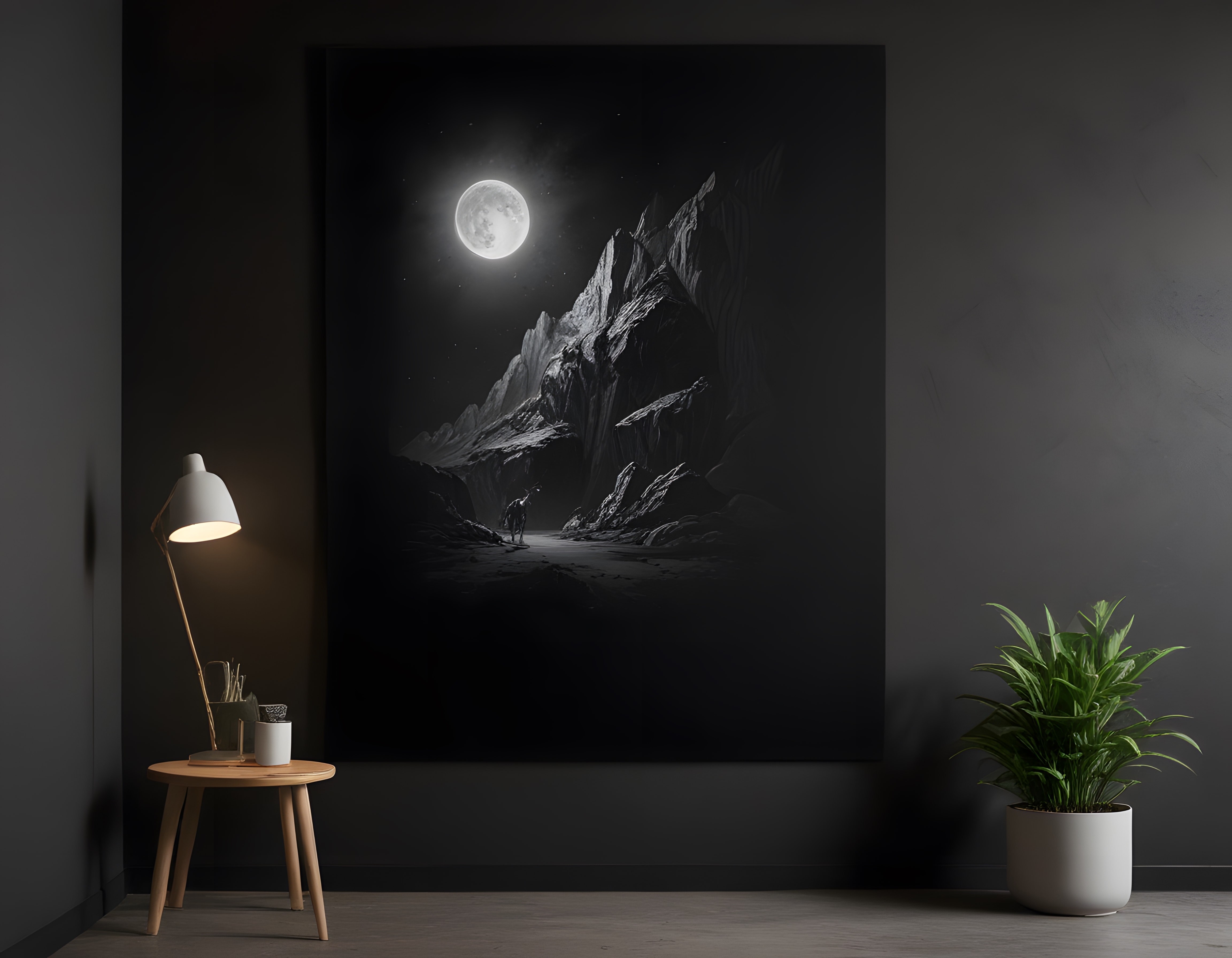 Modern Oturma Odasında Dolunaylı Uzay Manzaralı Dijital Sanat Kanvası