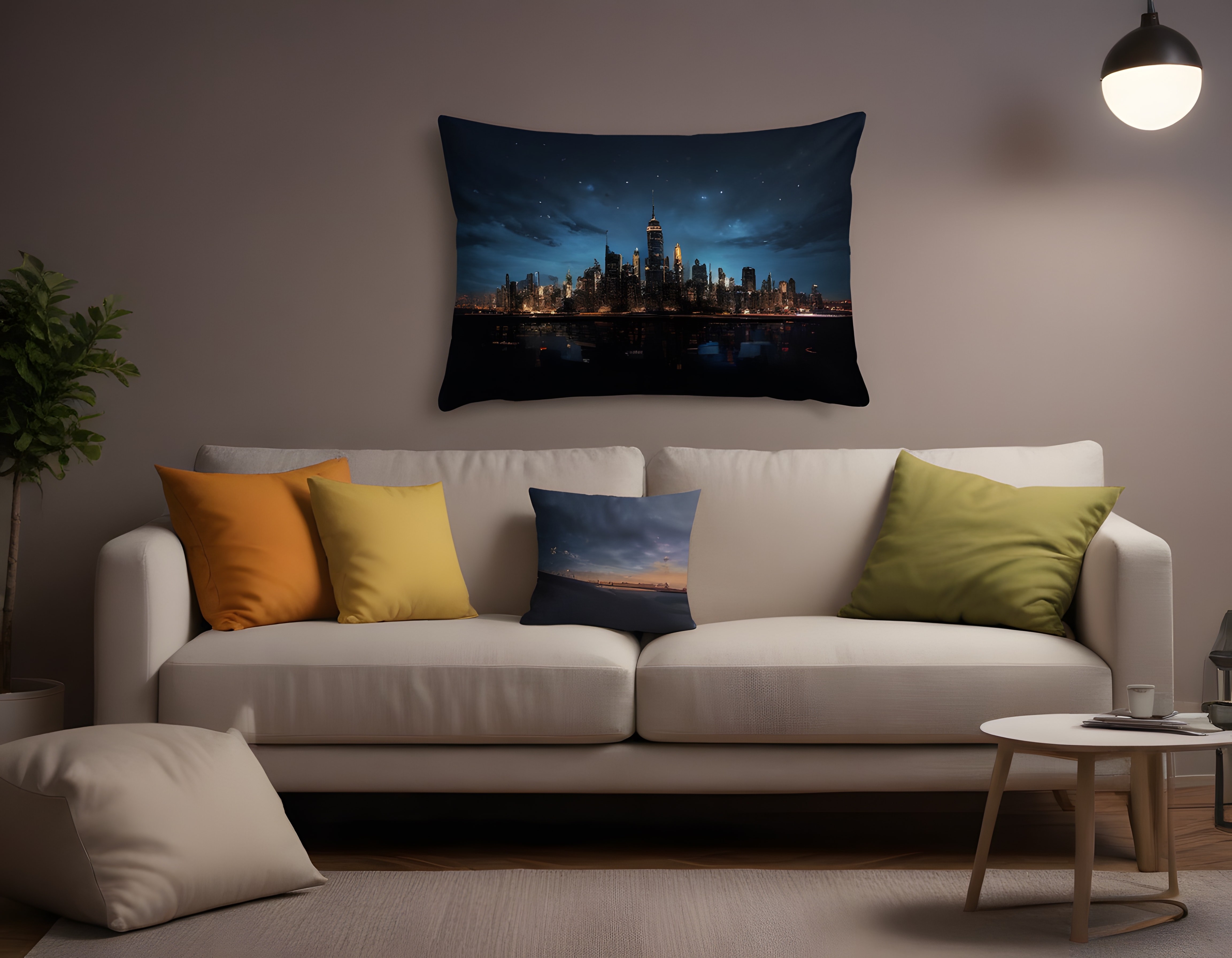 Modern Oturma Odasında Gece Şehir Manzaralı Dekoratif Yastık Tasarımı