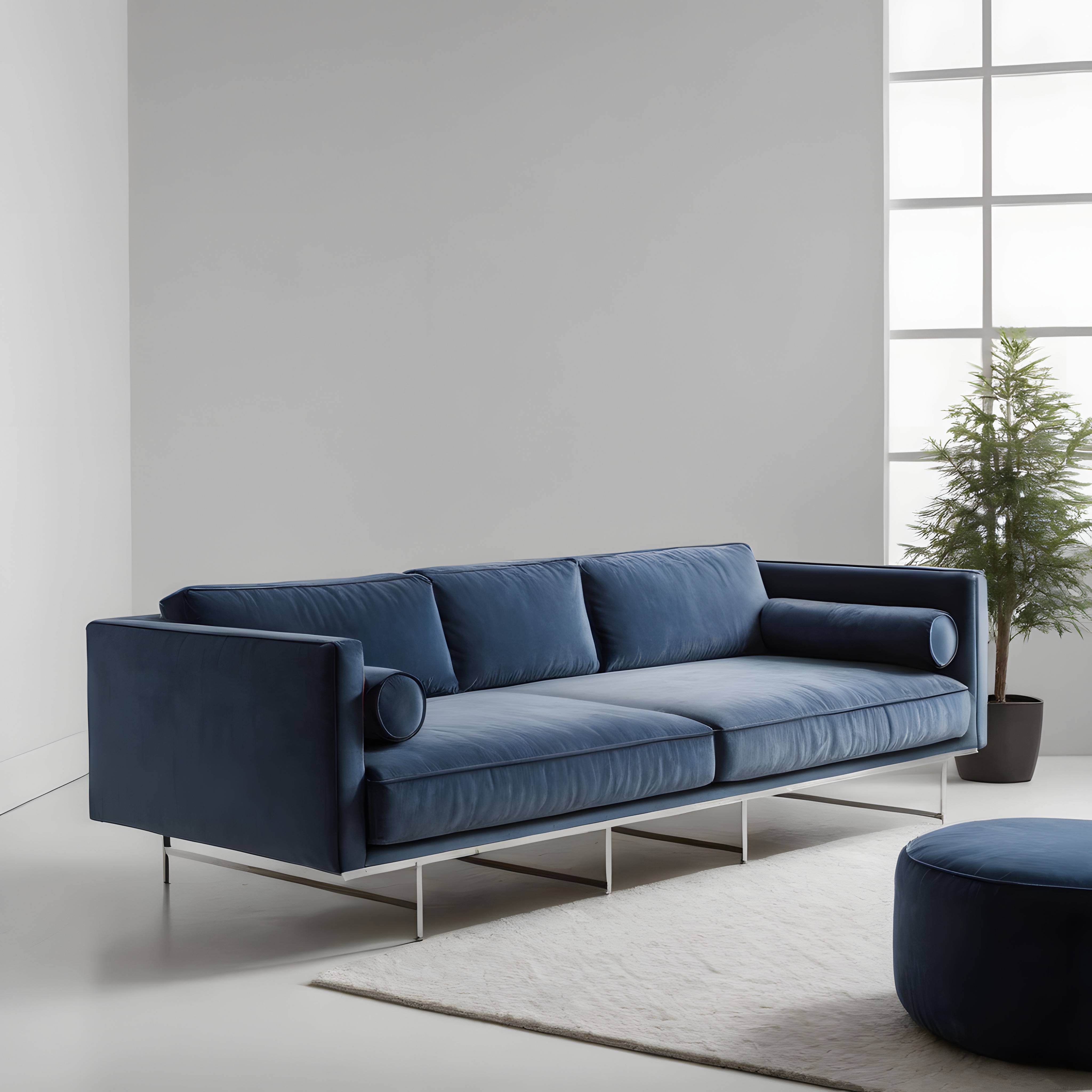 Modern Oturma Odasında Lacivert Kadife Kanepe ve Minimalist Dekorasyon