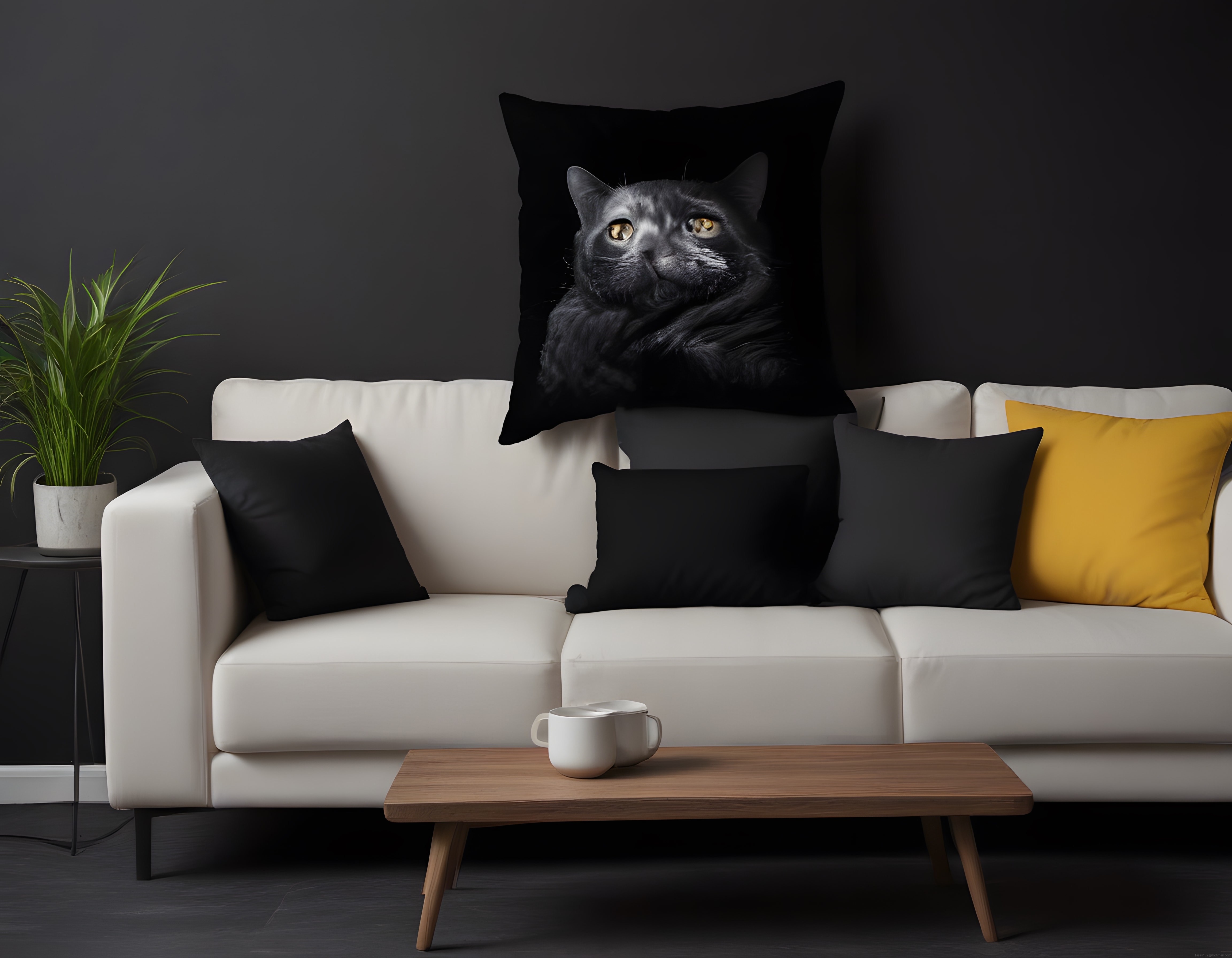 Modern Oturma Odasında Siyah Kedi Desenli Dekoratif Yastık ve Beyaz Kanepe