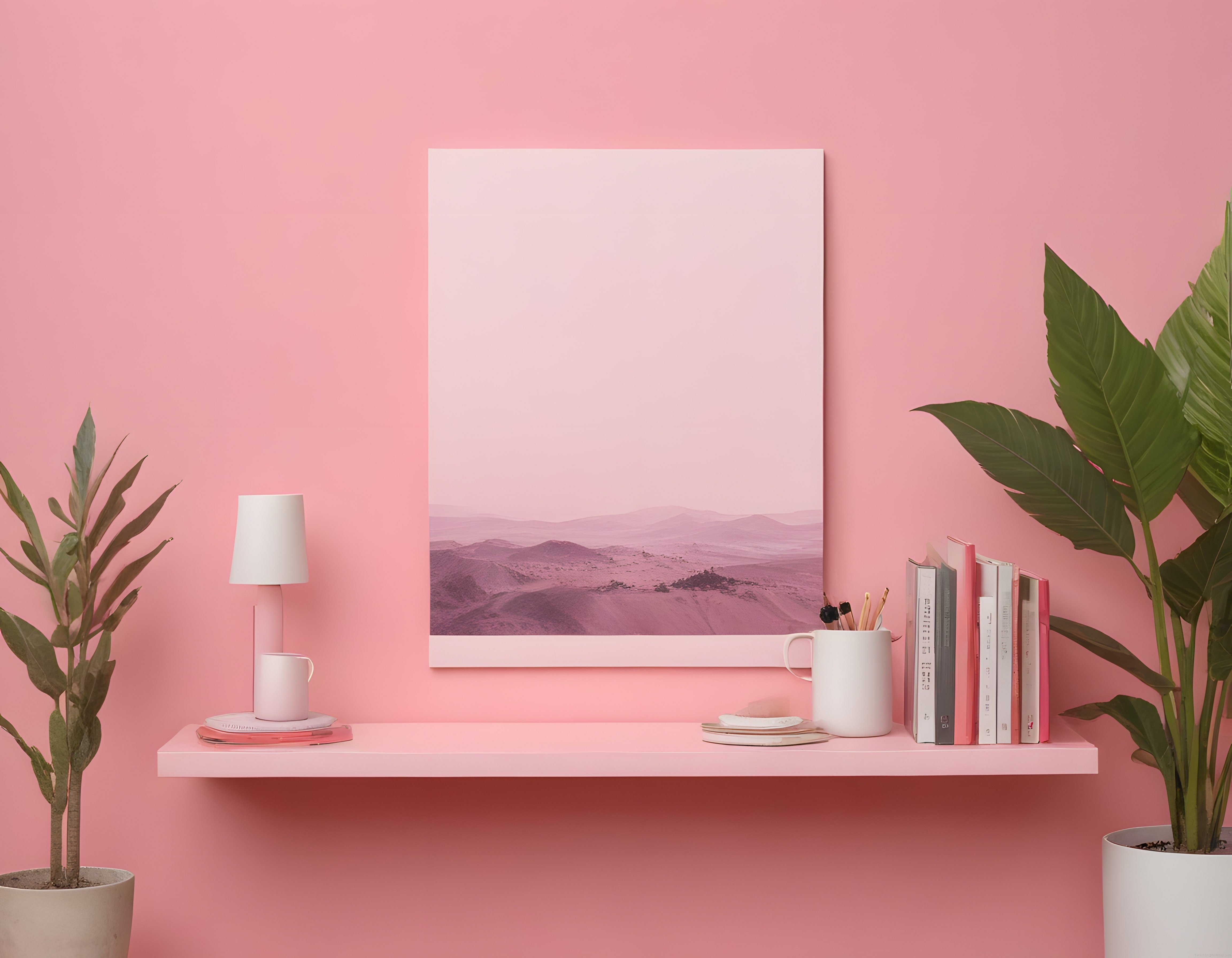 Modern Pembe Duvarlı Odada Minimalist Dekor ve Çöl Manzaralı Poster