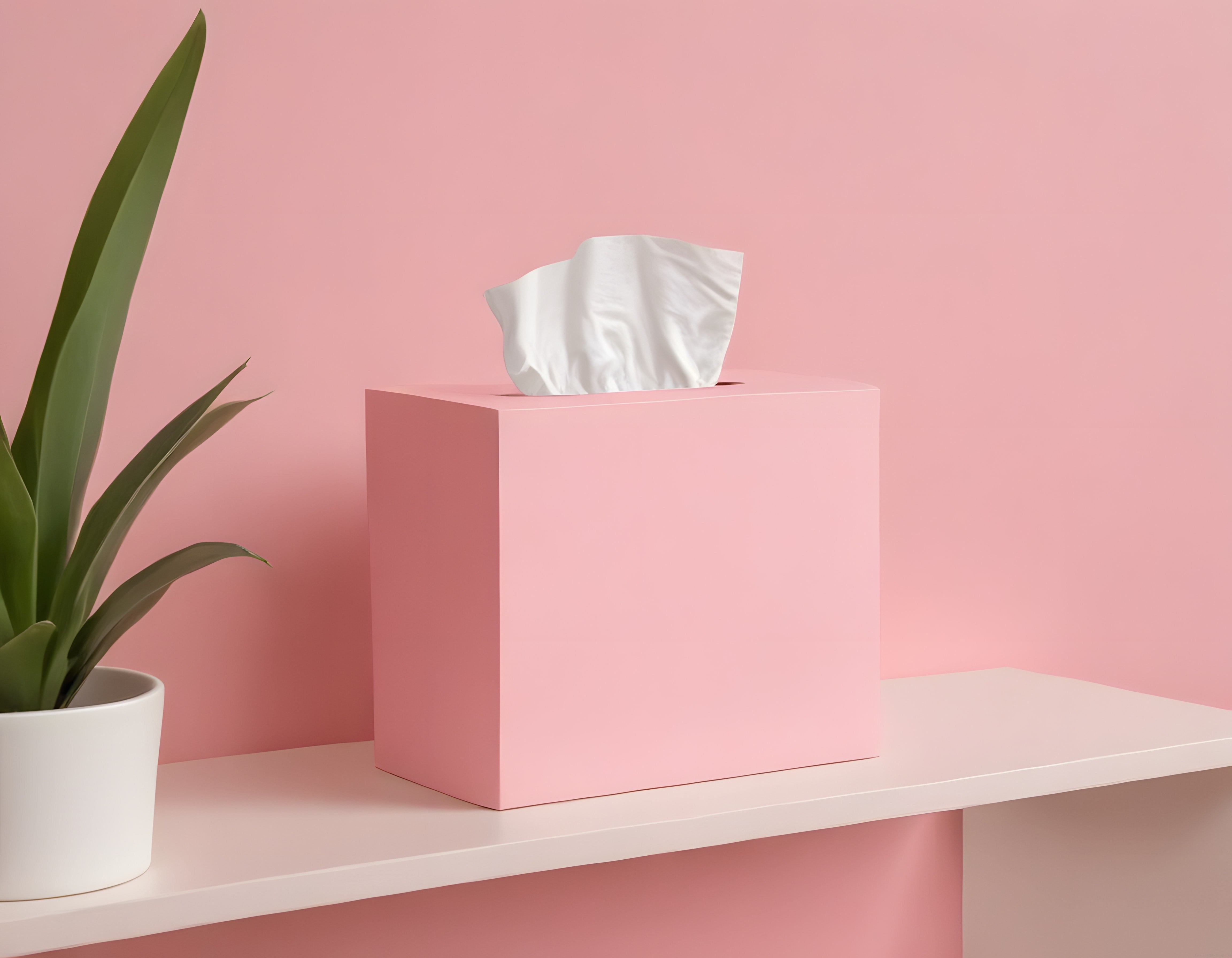 Modern pembe iç mekan dekorasyonunda minimalist peçete kutusu ve saksı bitkisi