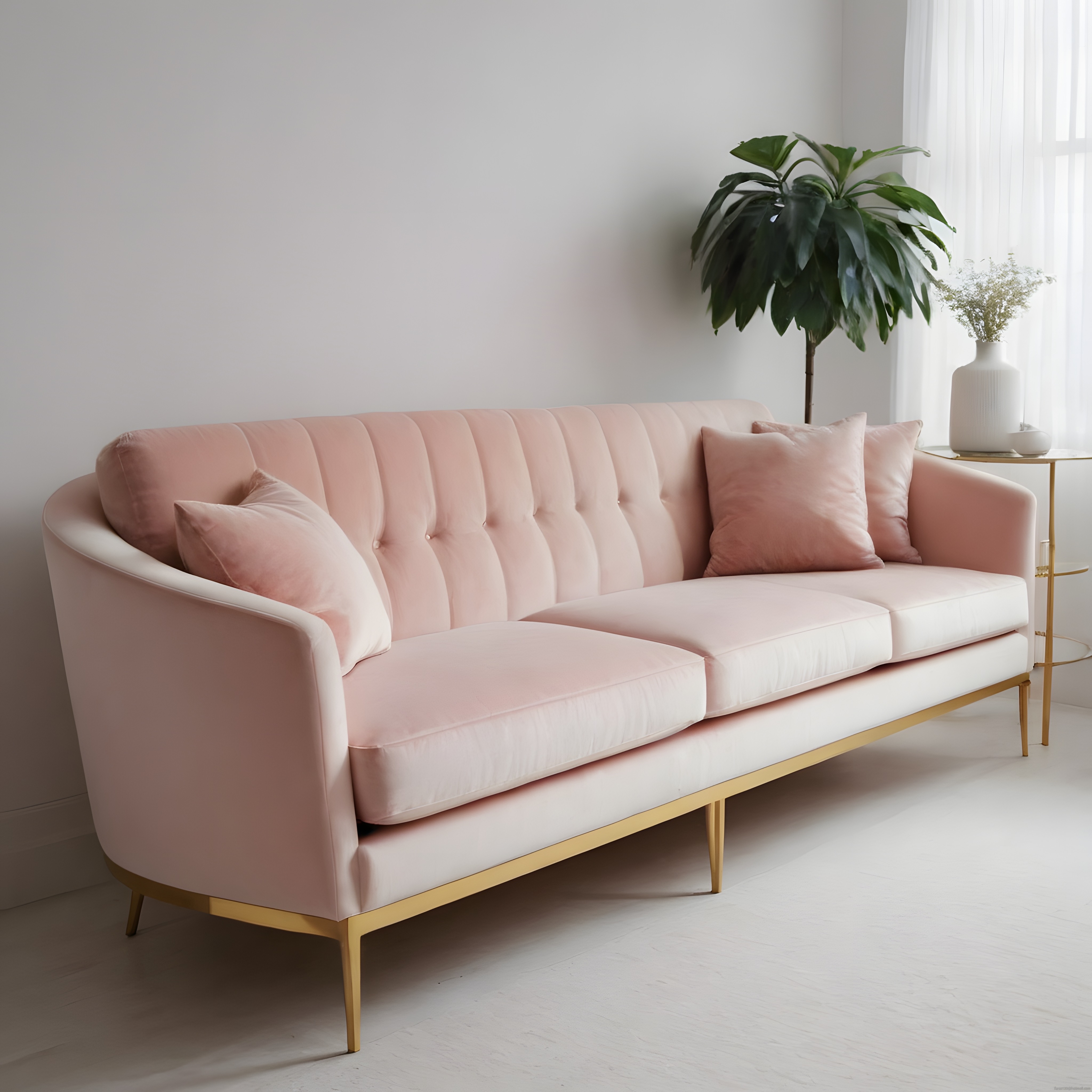 Modern Pudra Pembe Kadife Kanepe ve Altın Ayaklı Şık Salon Dekorasyonu