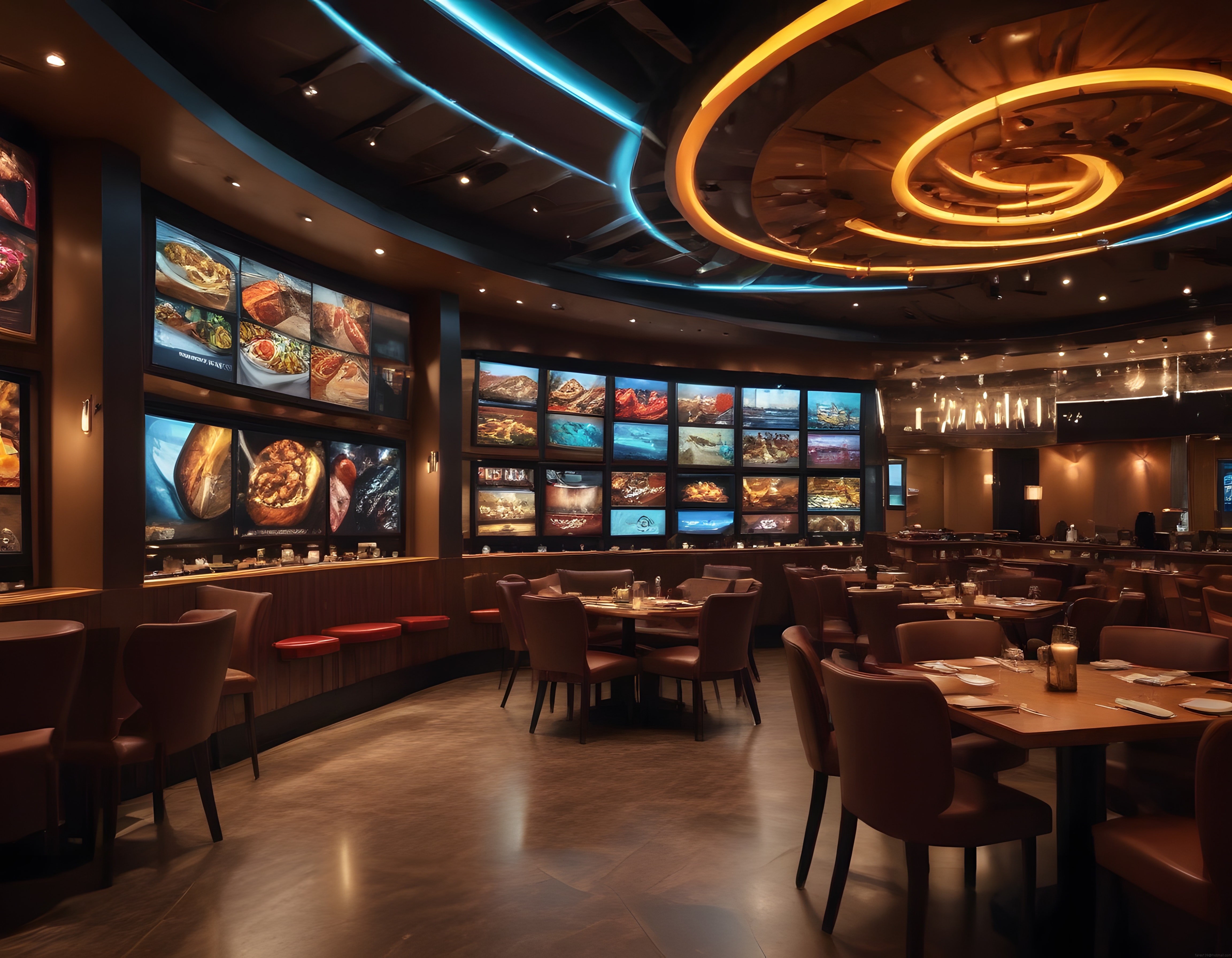Modern Restoran İç Mekanı: Neon Işıklar, Dijital Menüler ve Şık Masa Düzeni