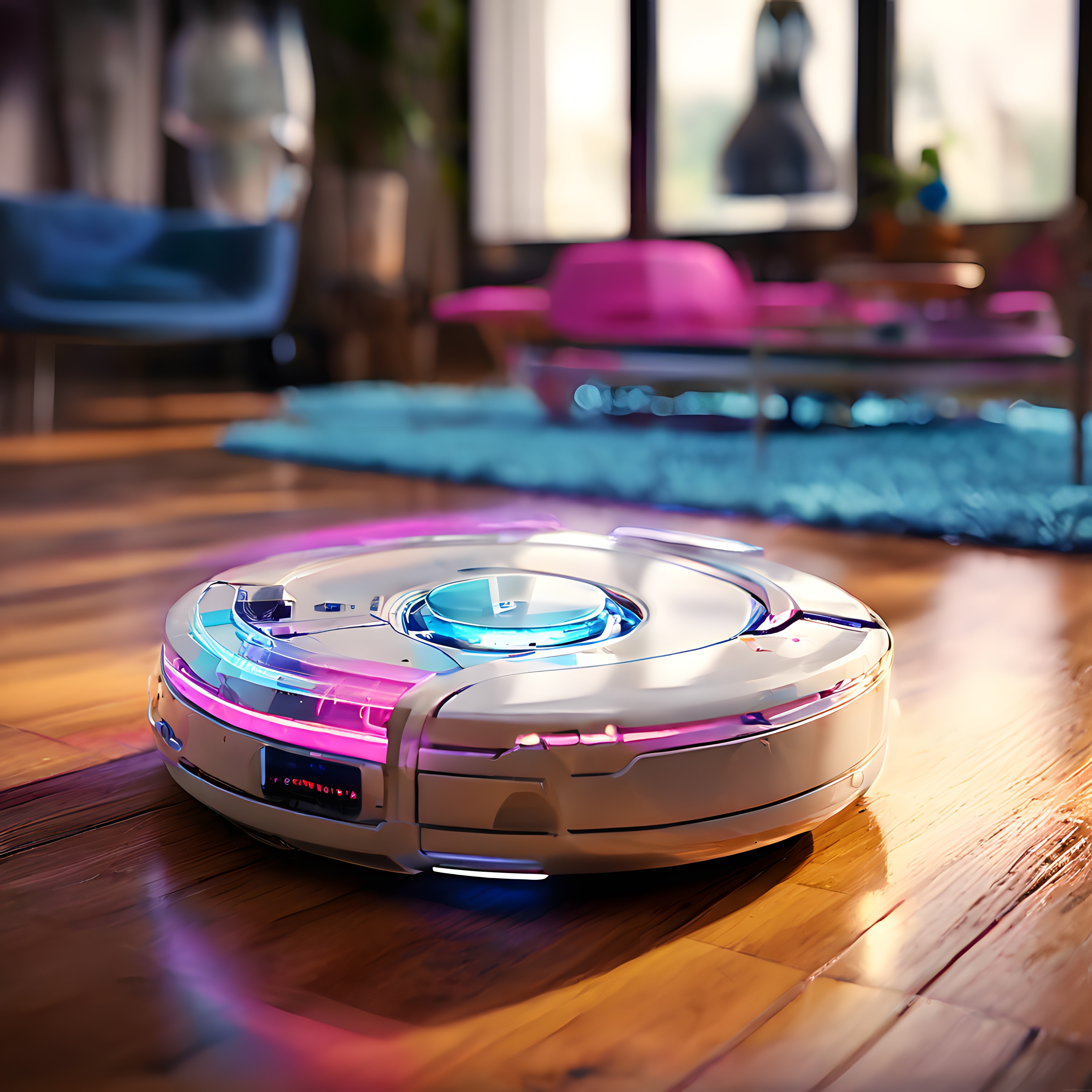 Modern Robot Süpürge Parlak LED Işıklarıyla Şık Ahşap Zeminde Temizlik Yapıyor