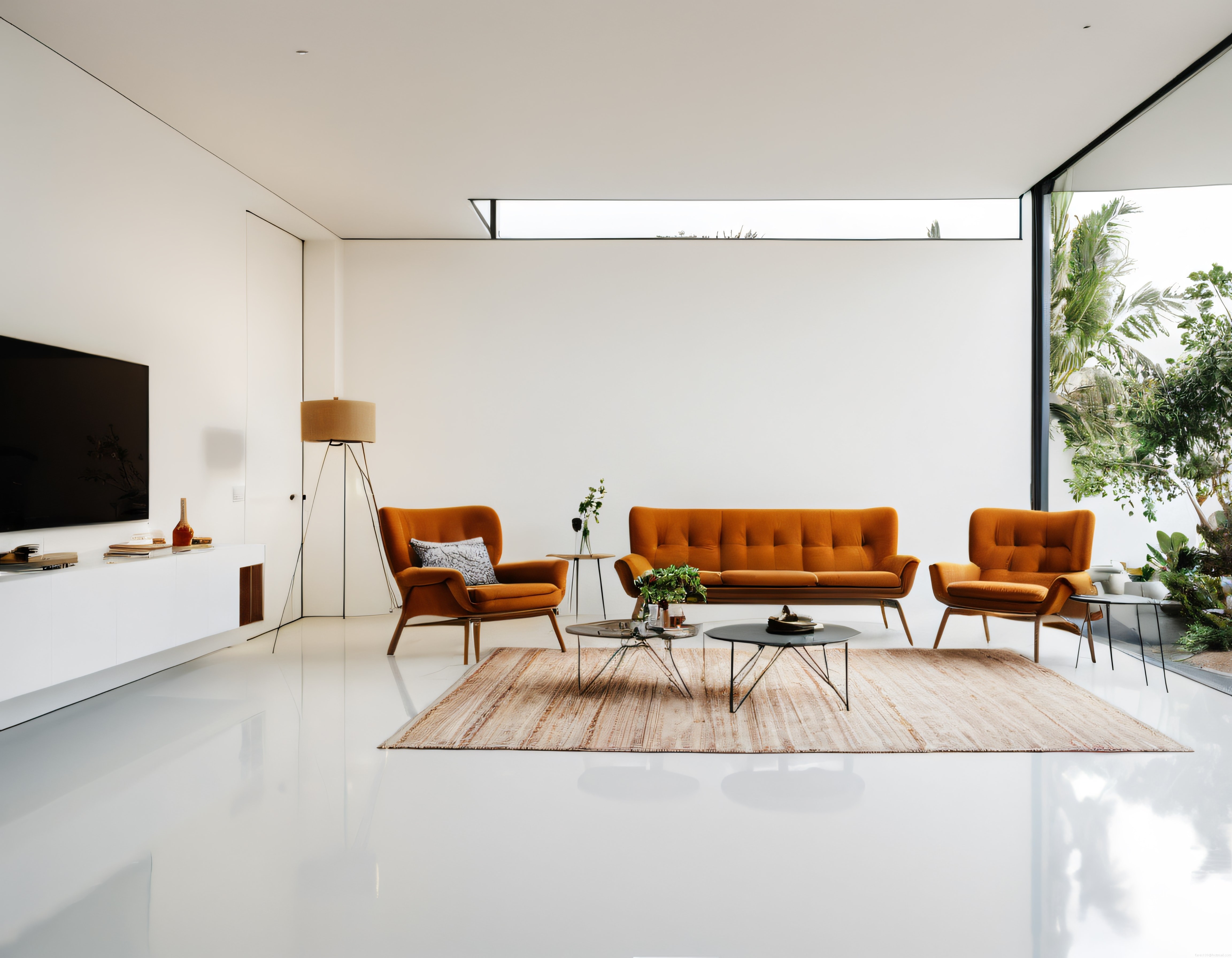 Modern Salon Dekorasyonu: Turuncu Kadife Koltuklar ile Ferah Minimalist Alan