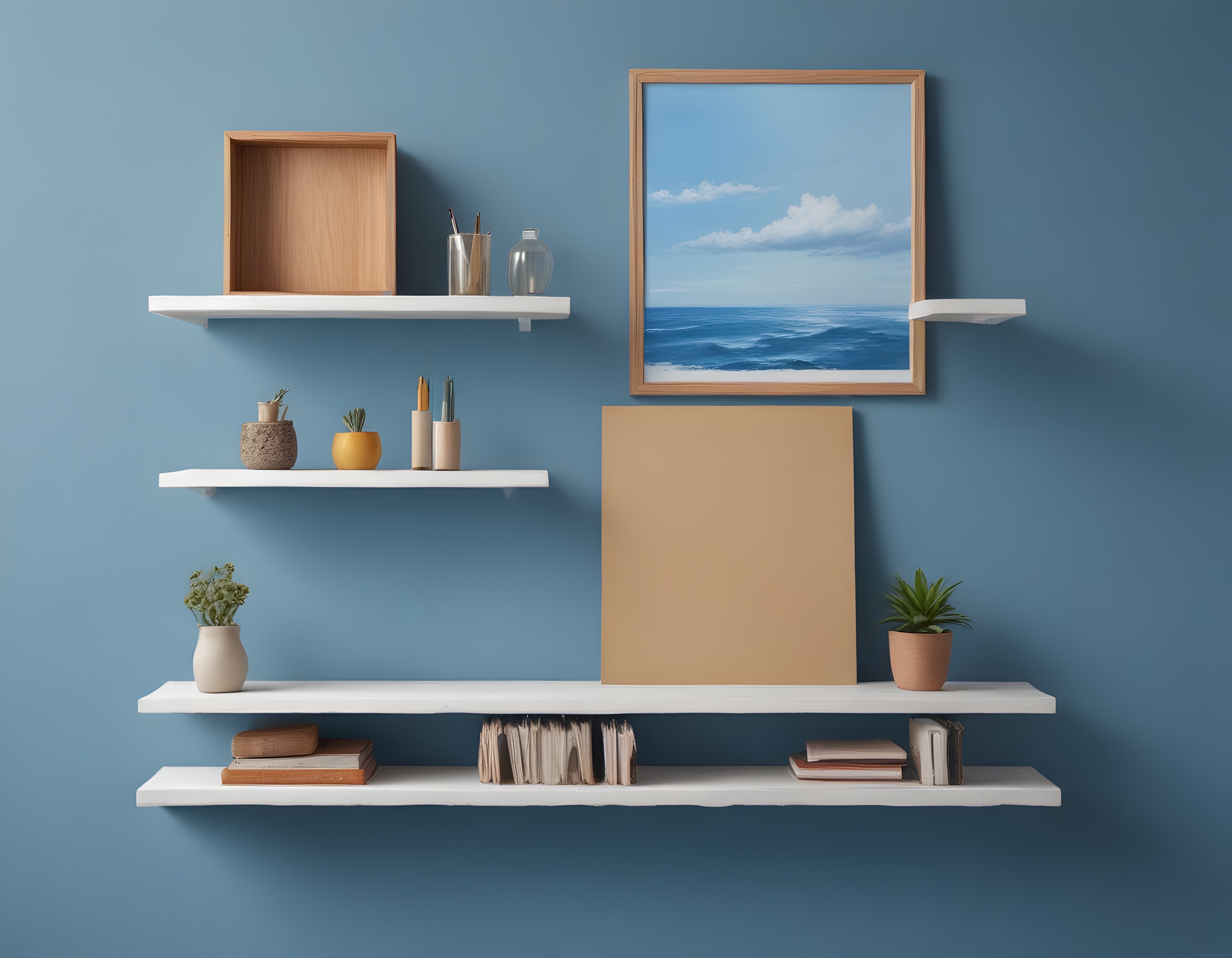 Modern Salon Duvar Dekorasyonu: Deniz Manzaralı Poster ve Minimal Raf Düzeni