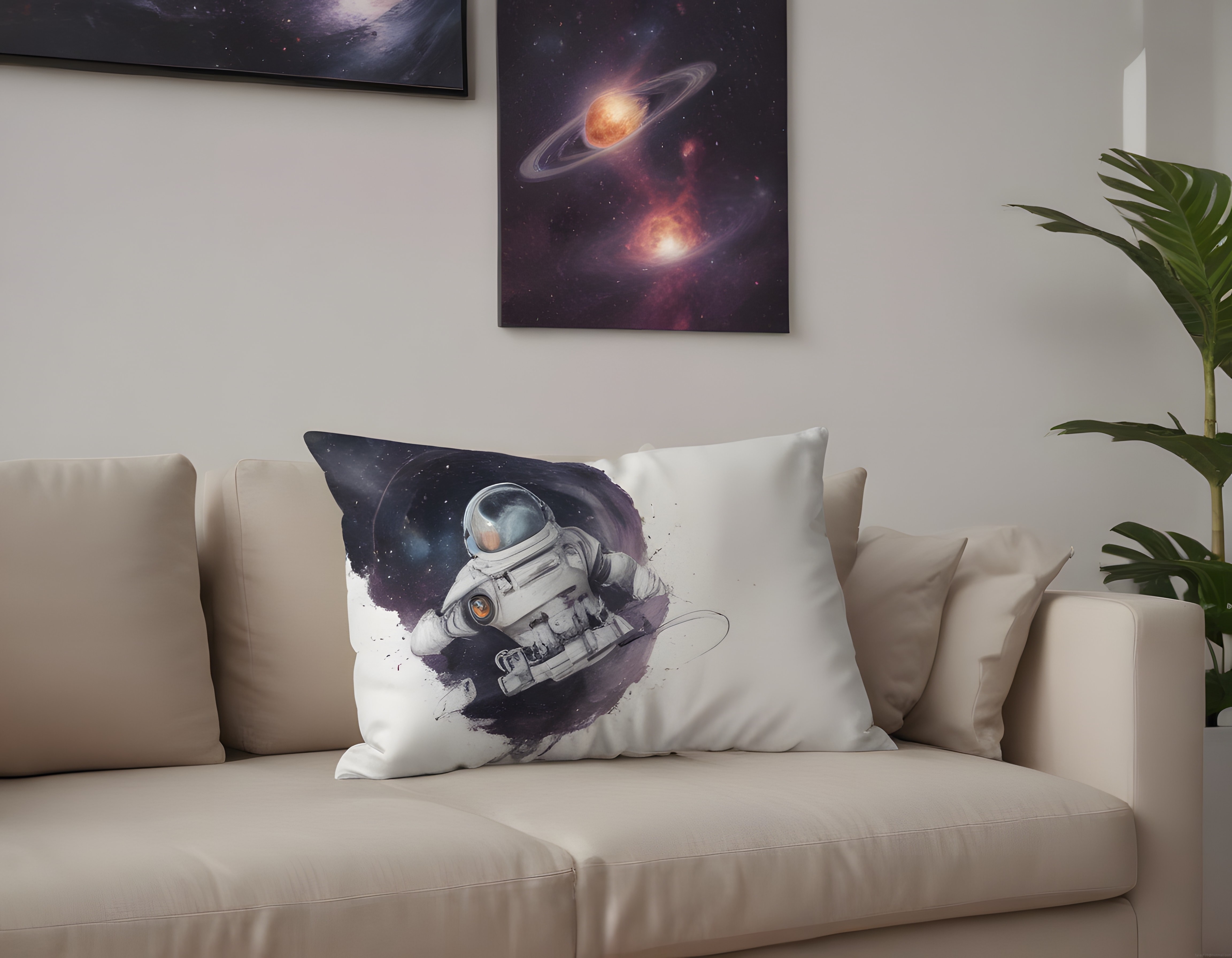 Modern salonda astronot desenli kırlent ve uzay temalı duvar dekorasyonu