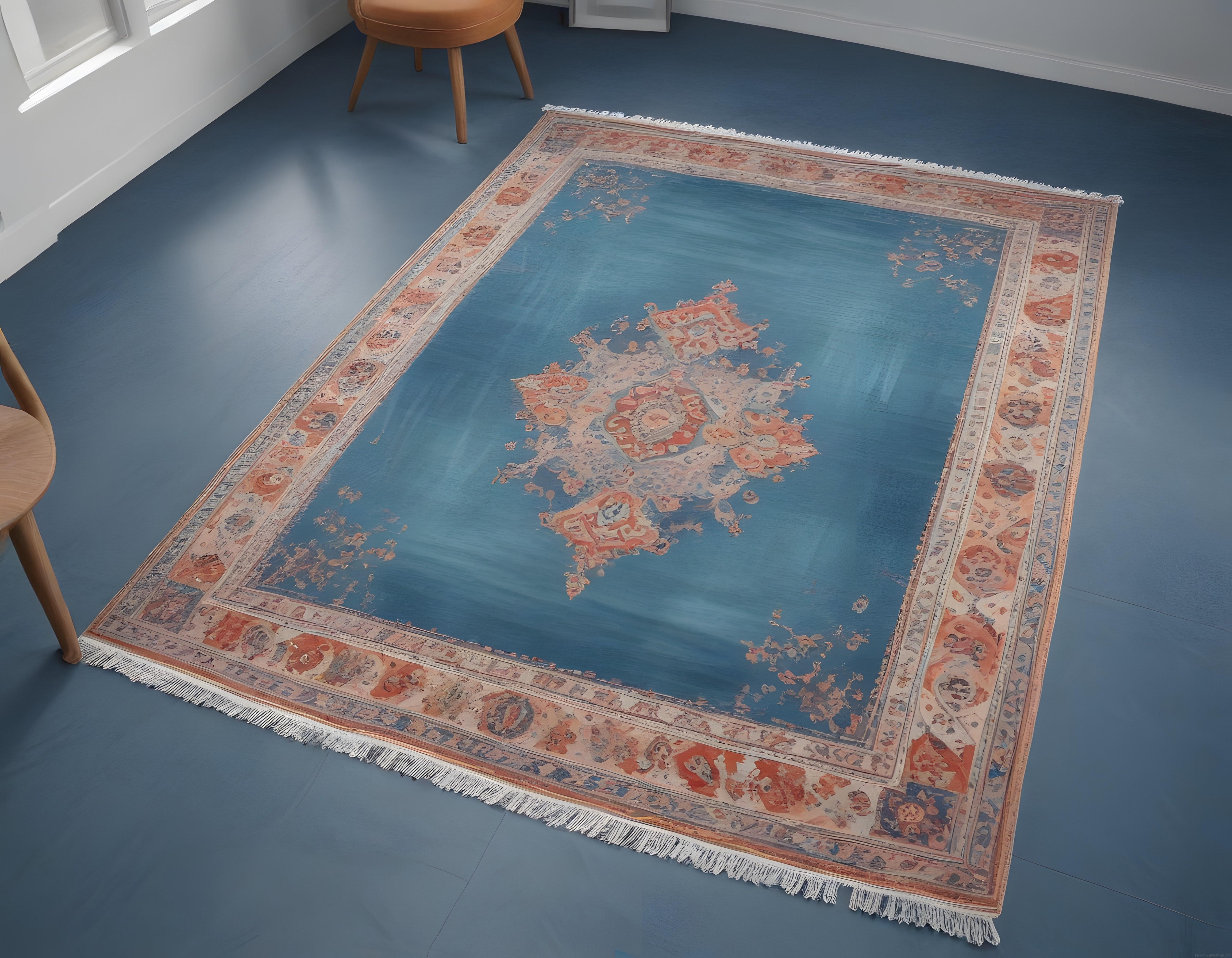 Modern Salonun Zerafetine Dokunuş: Vintage Motifli Mavi Halı ve Dekorasyon