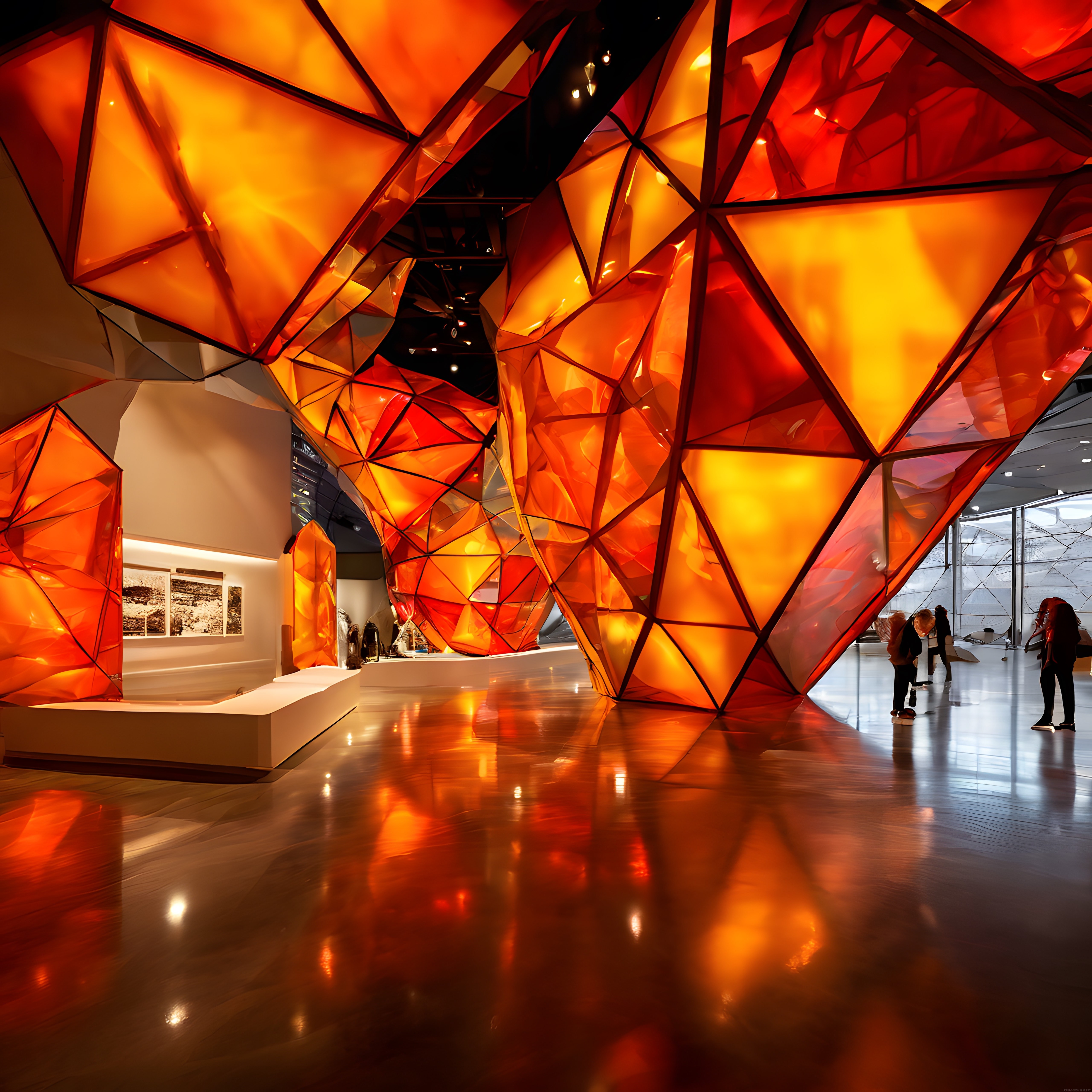 modern sanat galerisinde geometrik turuncu enstalasyon ve etkileyici iç mimari