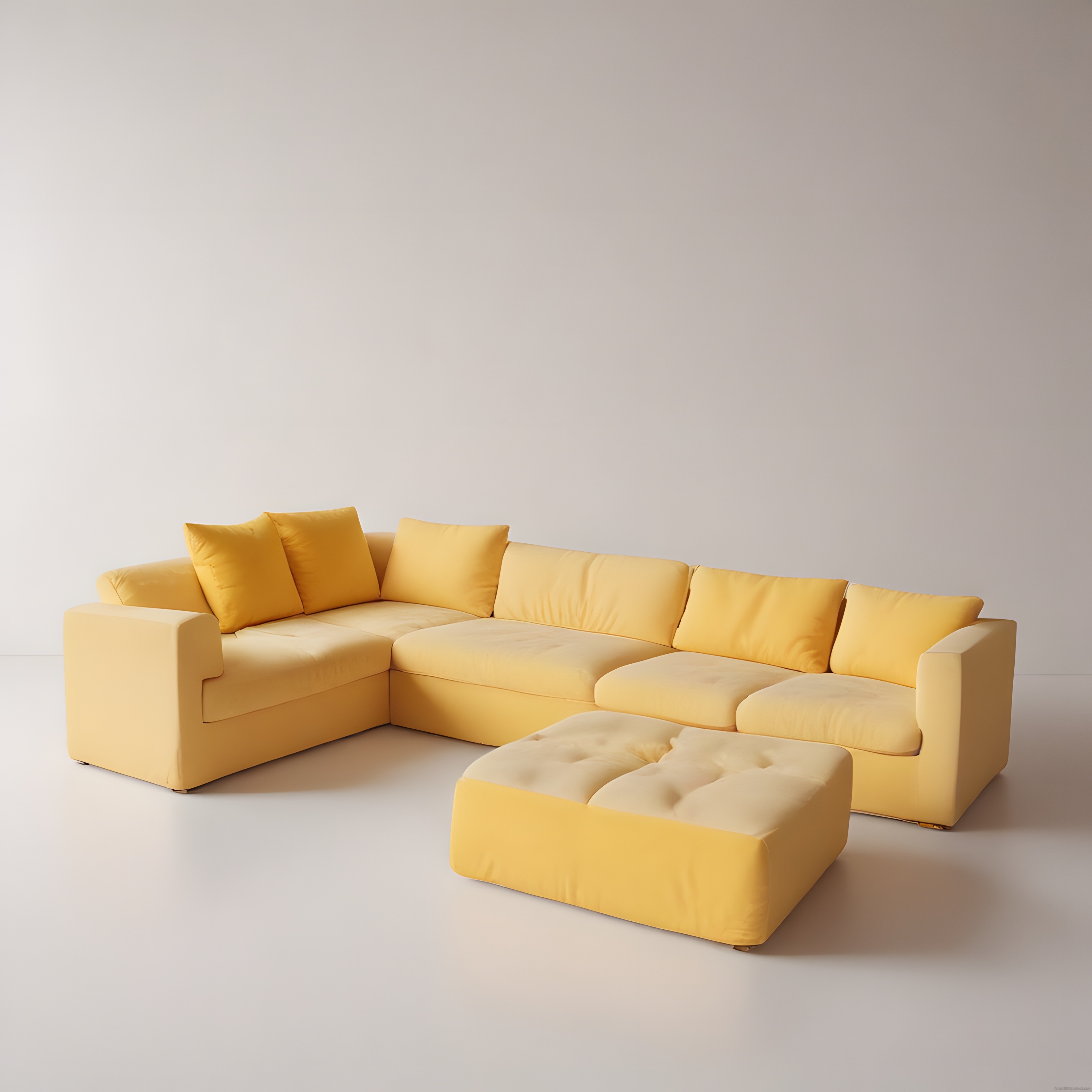 Modern sarı köşe koltuk takımı ve puf ile minimalist salon dekorasyonu