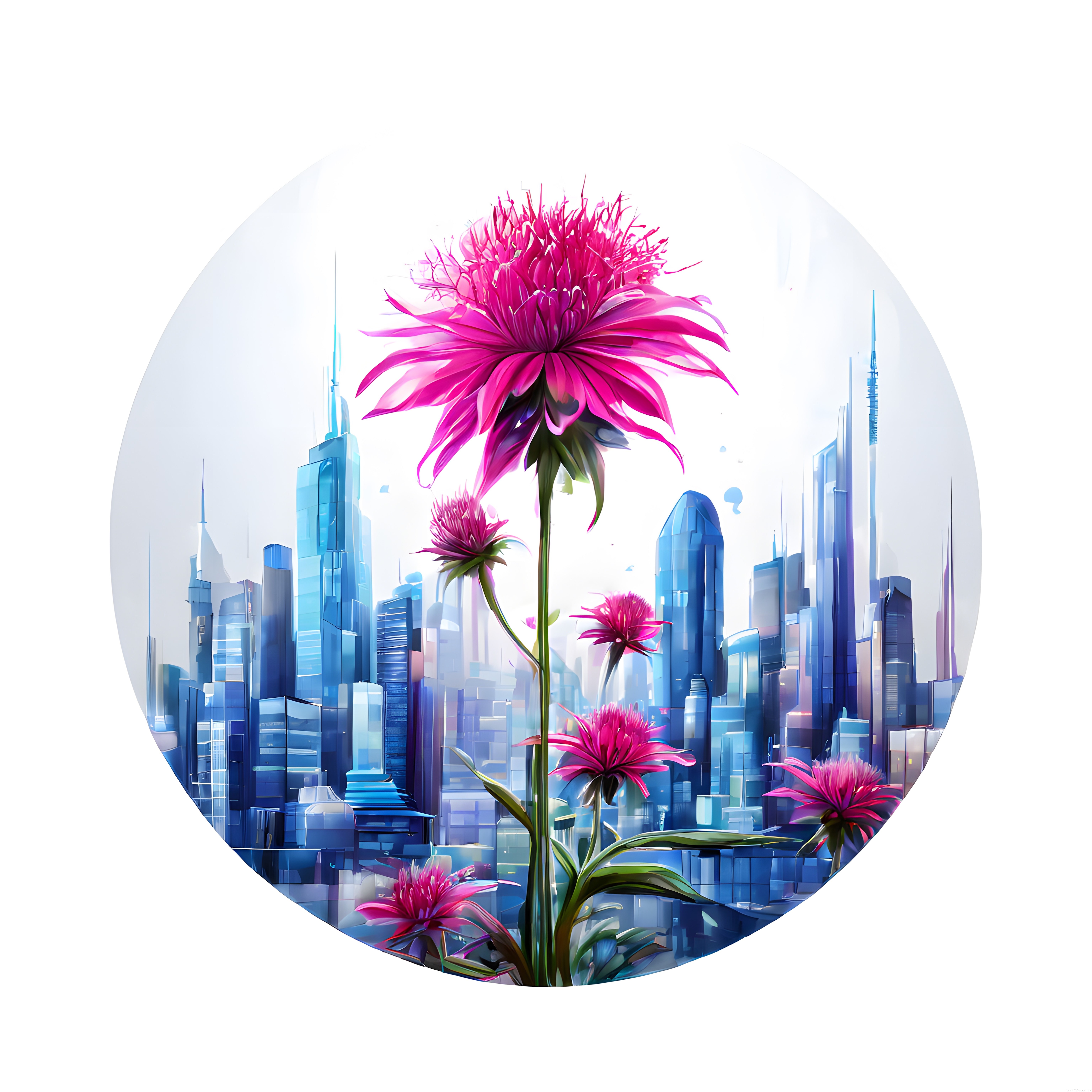 Modern Şehir Manzarası ve Pembe Çiçeklerin Dijital Sanat Buluşması