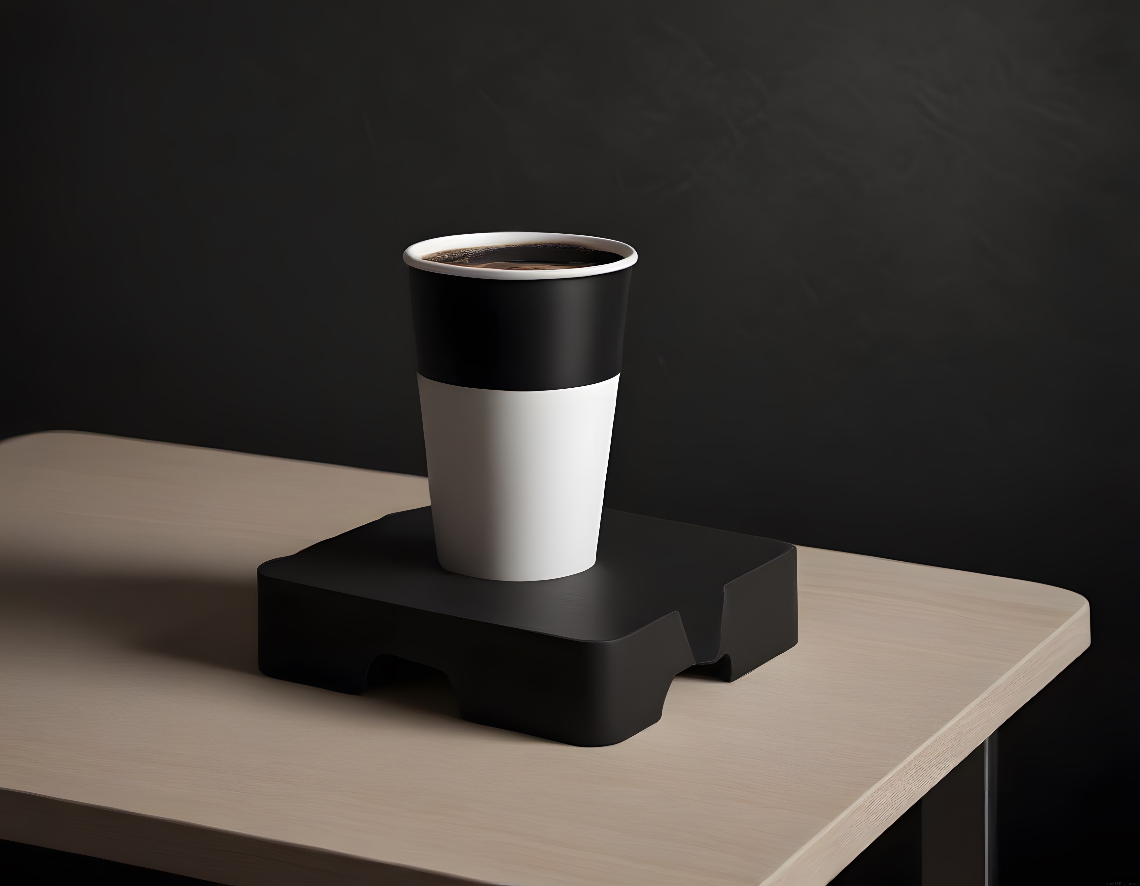 Modern siyah beyaz fincan ve geometrik stand ile minimalist ürün fotoğrafı