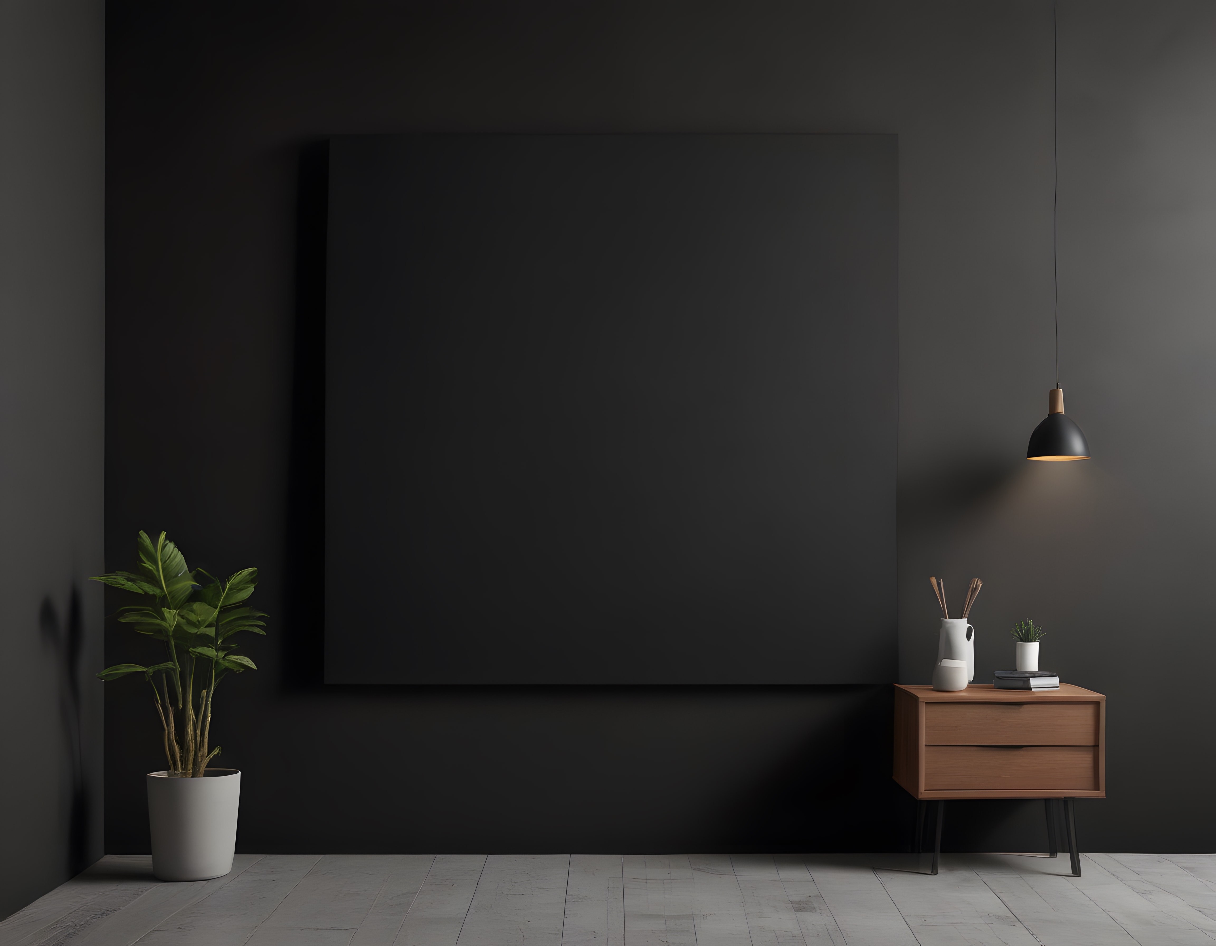 Modern Siyah Duvar Dekoru ve Ahşap Komodinli Minimalist İç Mekan Tasarımı