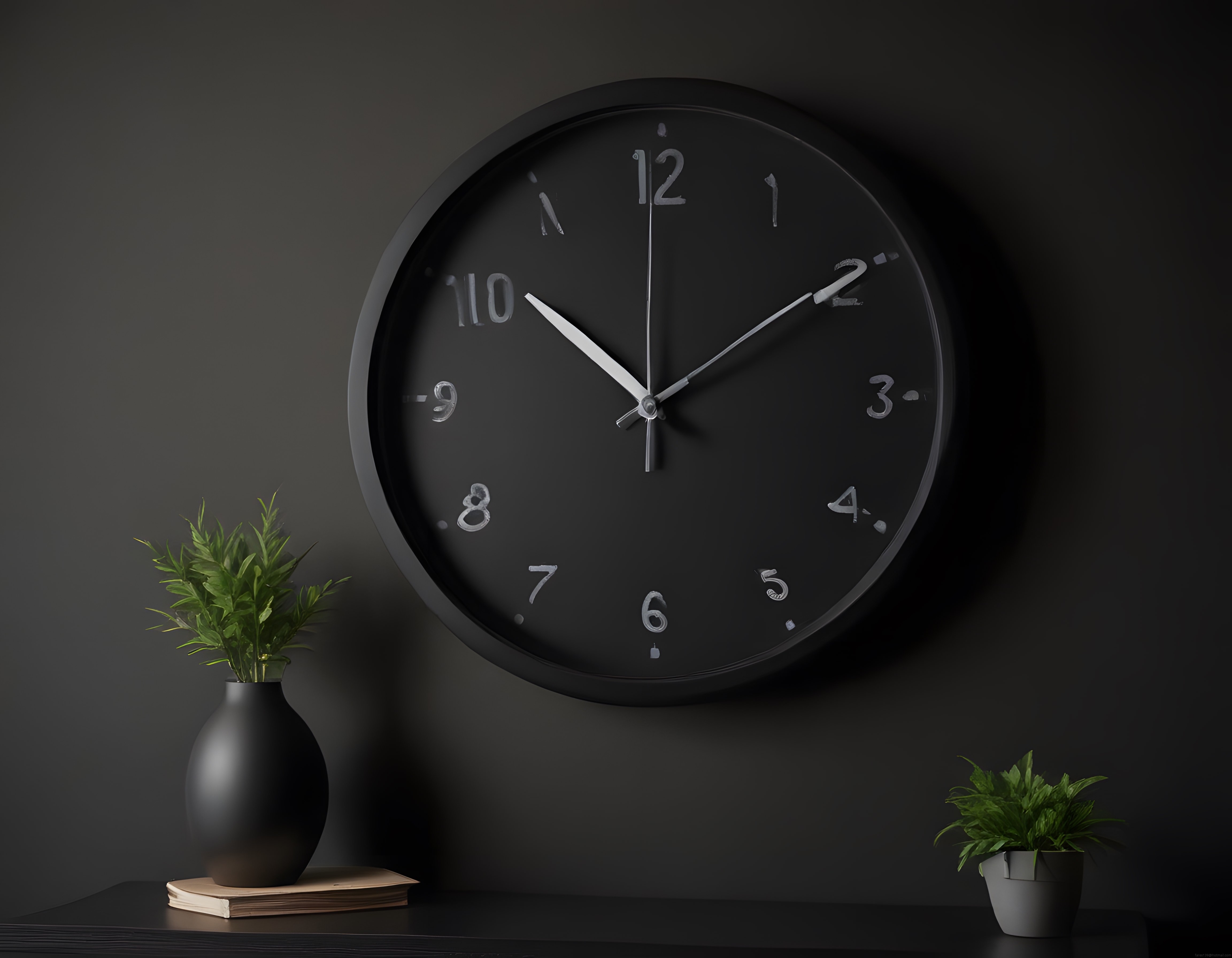 Modern Siyah Duvar Saati ve Bitki Detaylarıyla Koyu Tonlu Minimal Dekorasyon