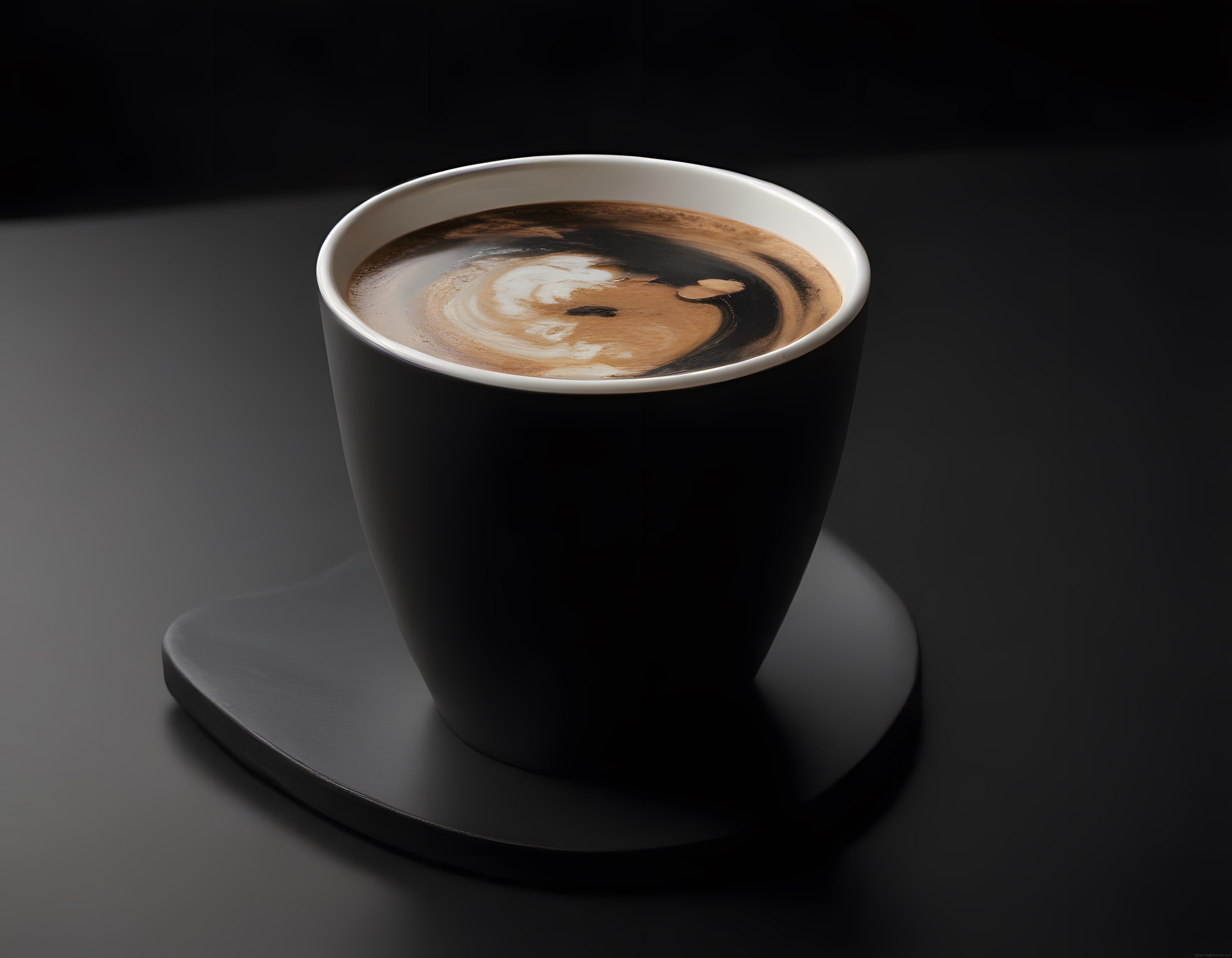 Modern Siyah Fincanda Latte Art ve Karanlık Arka Planla Kahve Estetiği