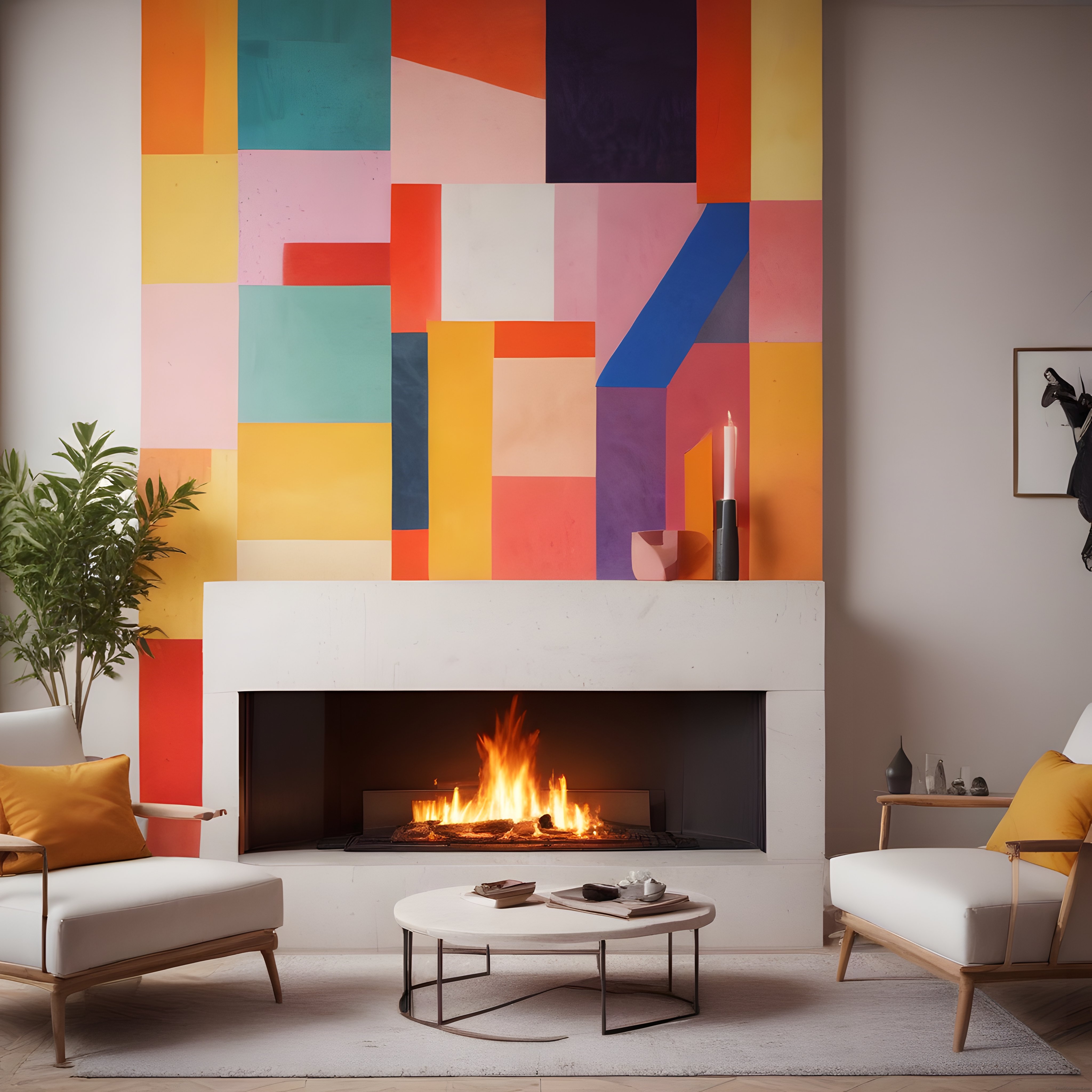 Modern Şömine ve Canlı Renkli Geometrik Duvar Boyaması ile Lüks Salon Dekorasyonu