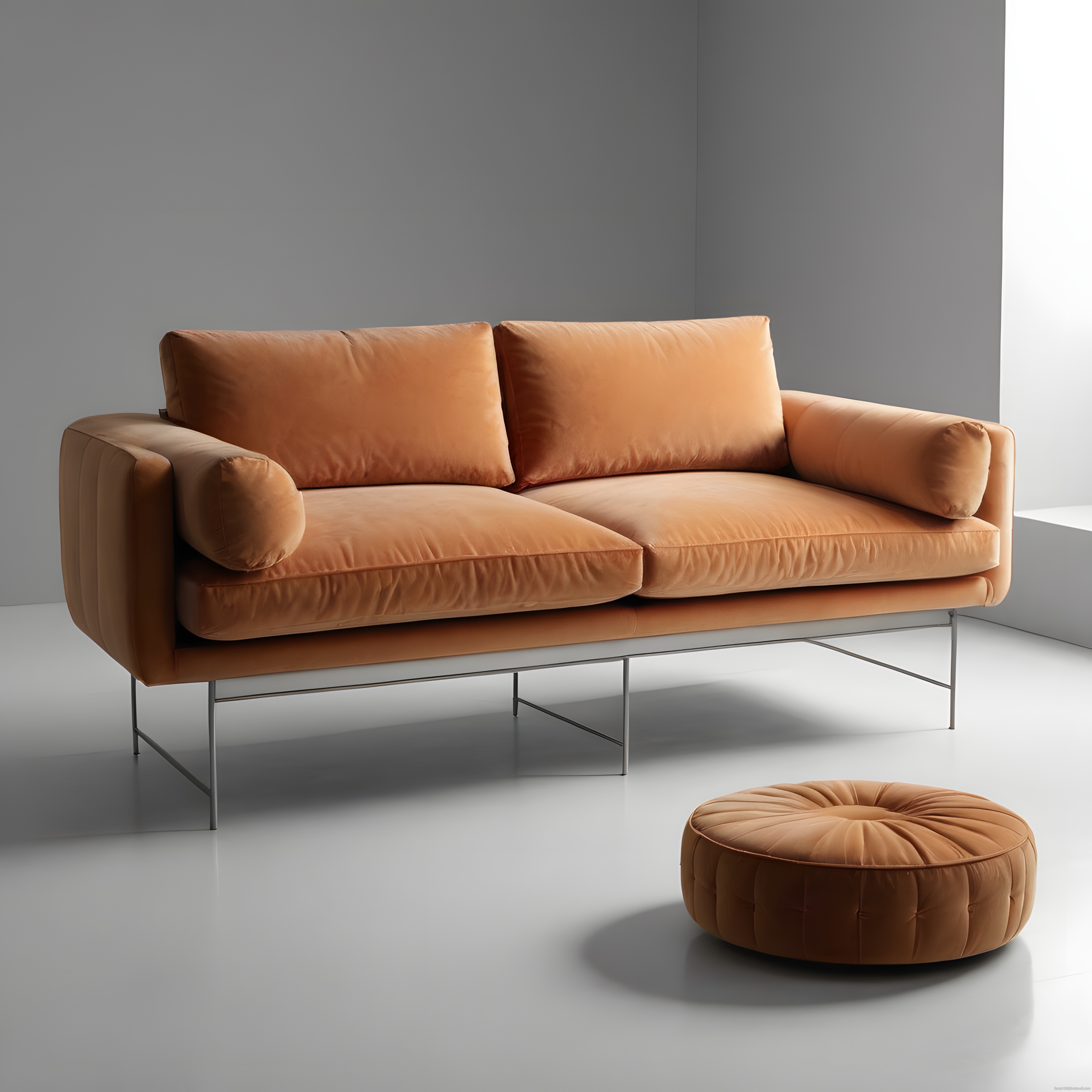 Modern Tarçın Rengi Kadife Koltuk ve Yuvarlak Puf ile Minimalist Dekorasyon