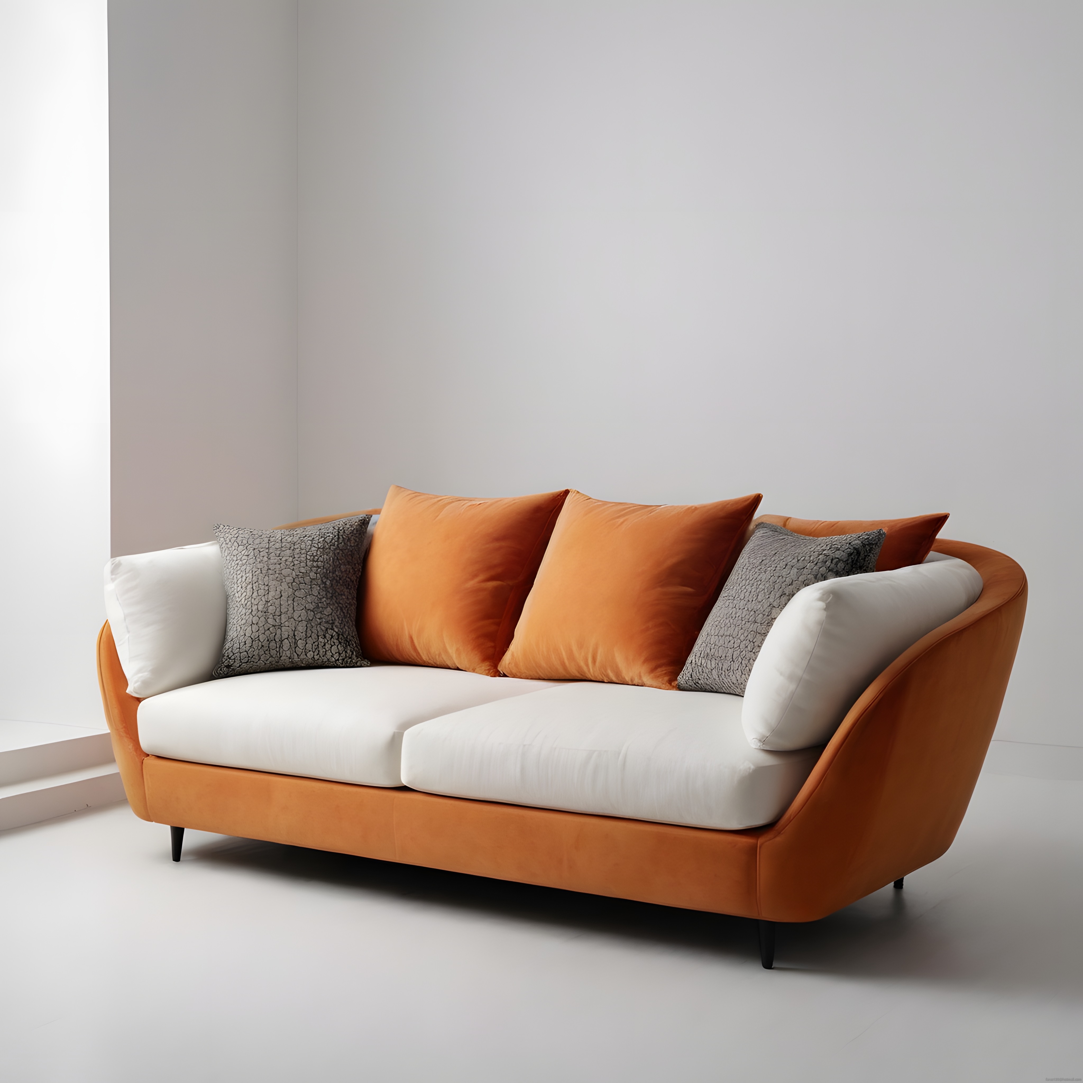 Modern turuncu kanepe ve dekoratif yastıklarla minimalist salon dekorasyonu