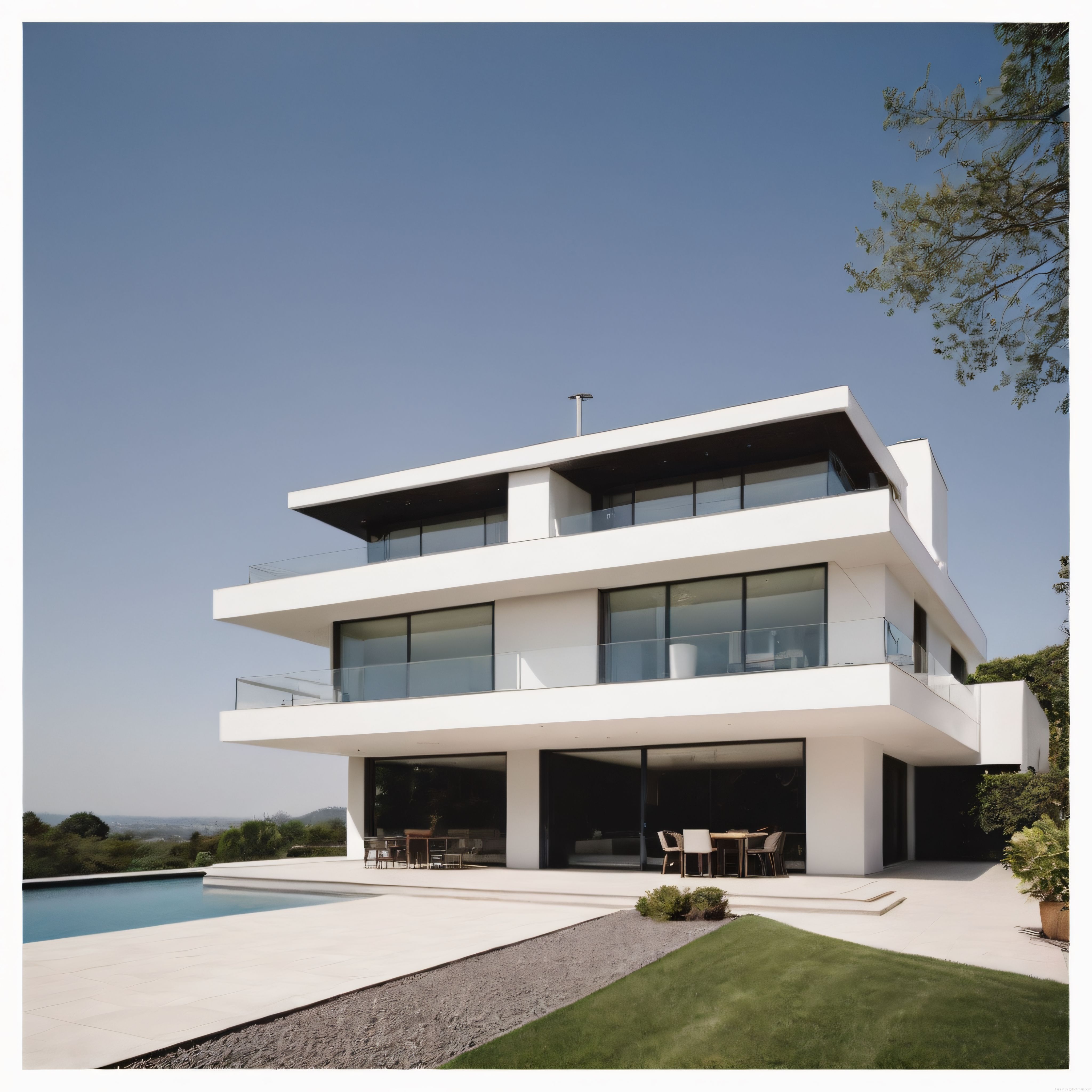Modern üç katlı beyaz lüks villa, yüzme havuzlu geniş teras ve bahçe