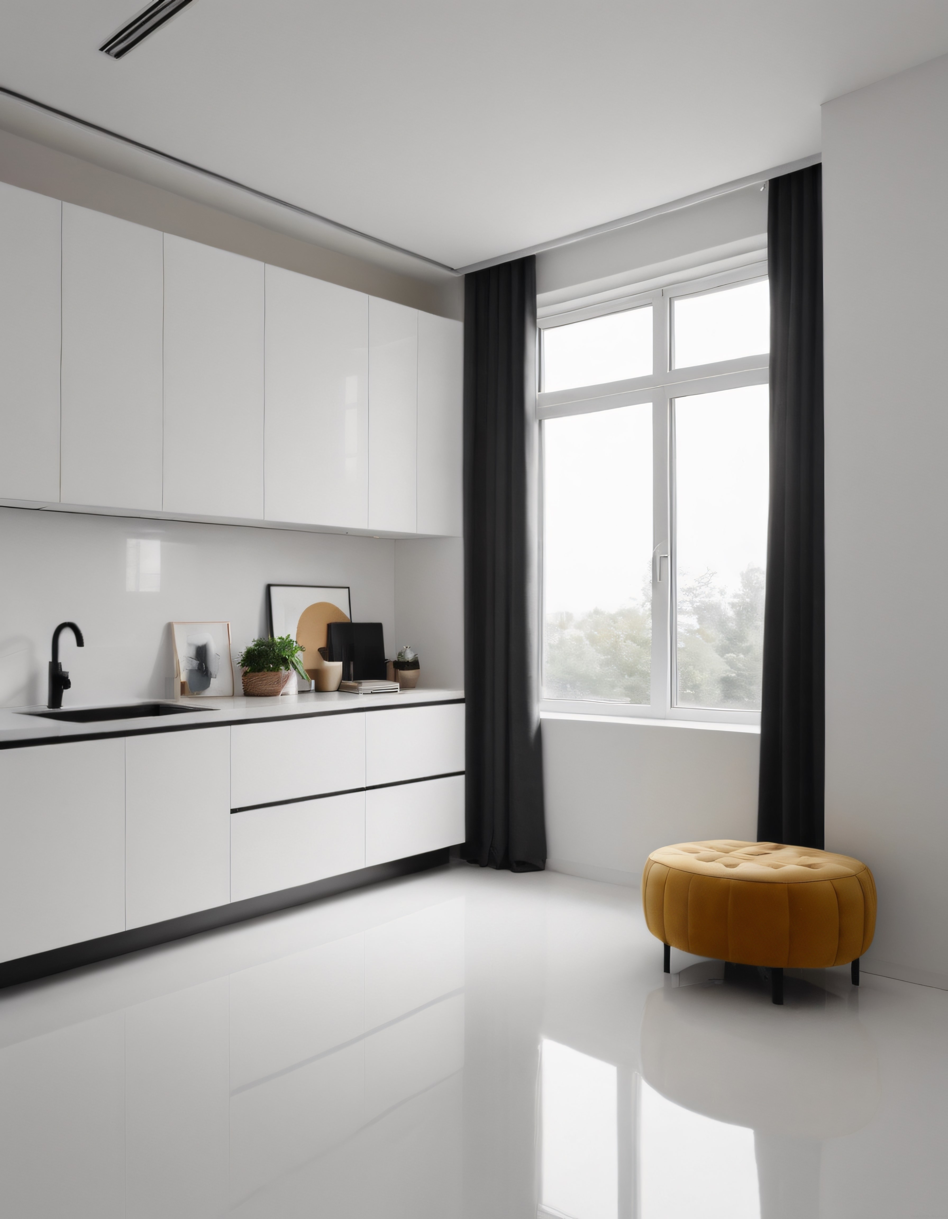 Modern ve Minimalist Beyaz Mutfak Dekorasyonu Sarı Puf Detayıyla