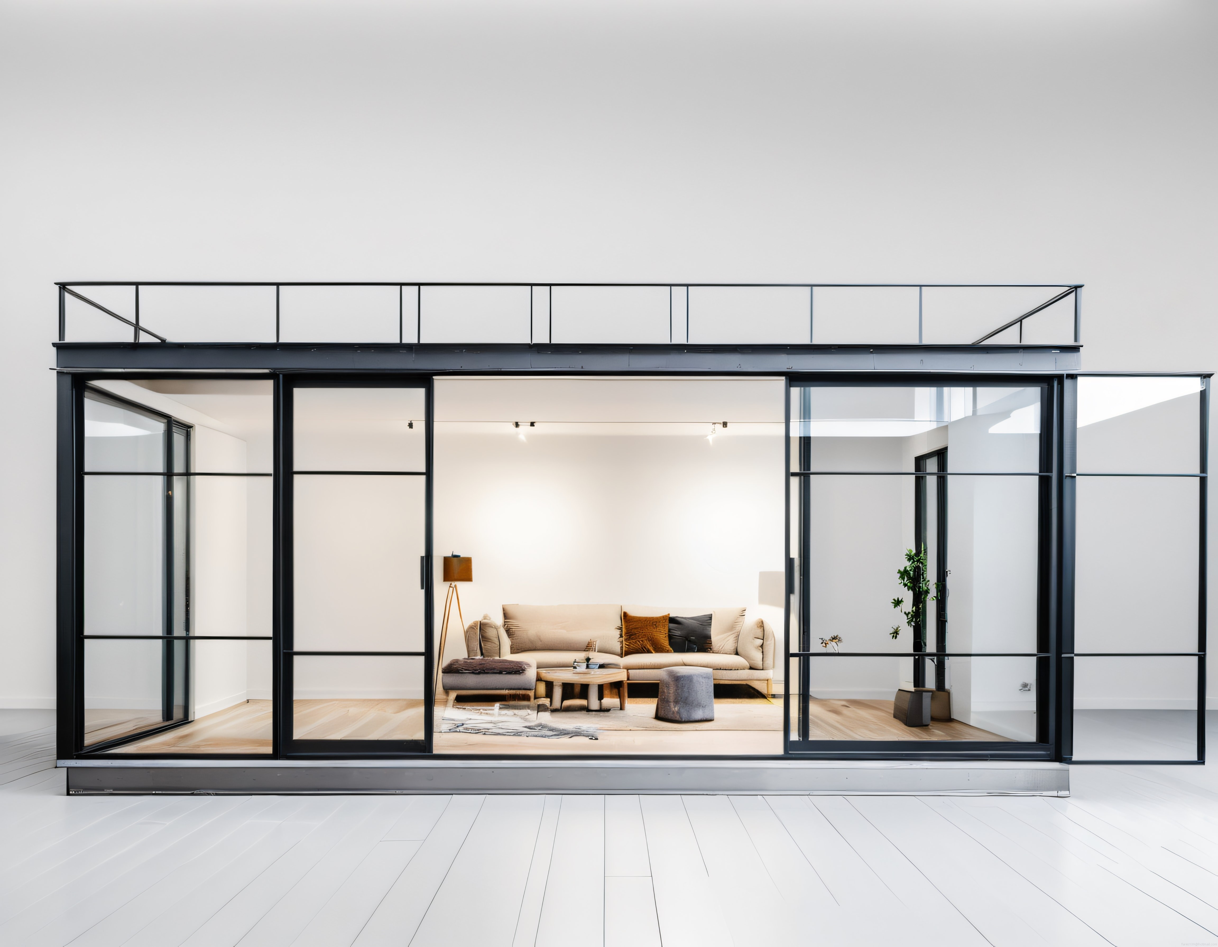 Modern ve minimalist bir salonun cam cepheli ferah iç mekan tasarımı