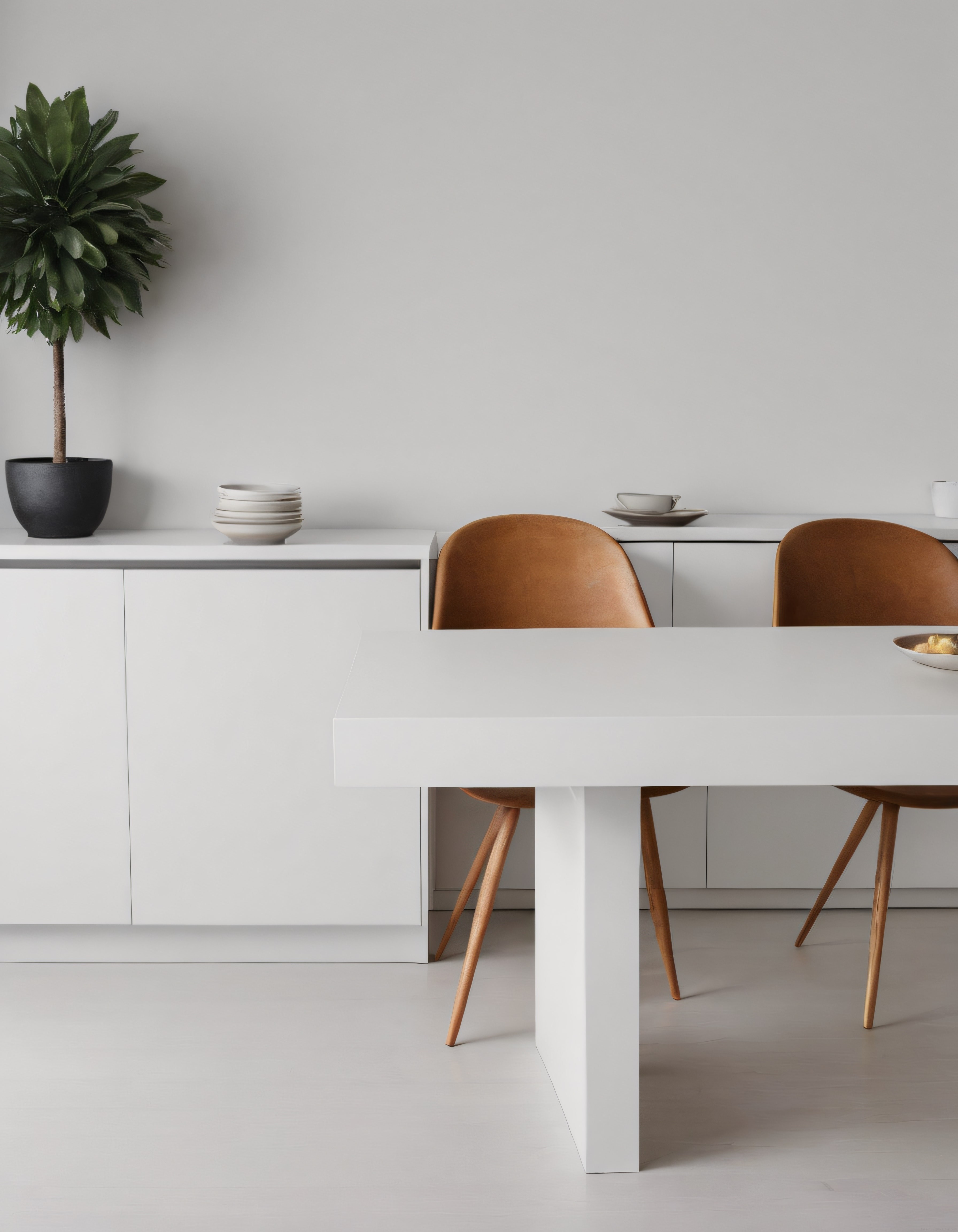 Modern ve Minimalist Bir Yemek Odası: Beyaz Mobilyalar, Tabak Renkli Sandalyeler ve Saksı Bitki