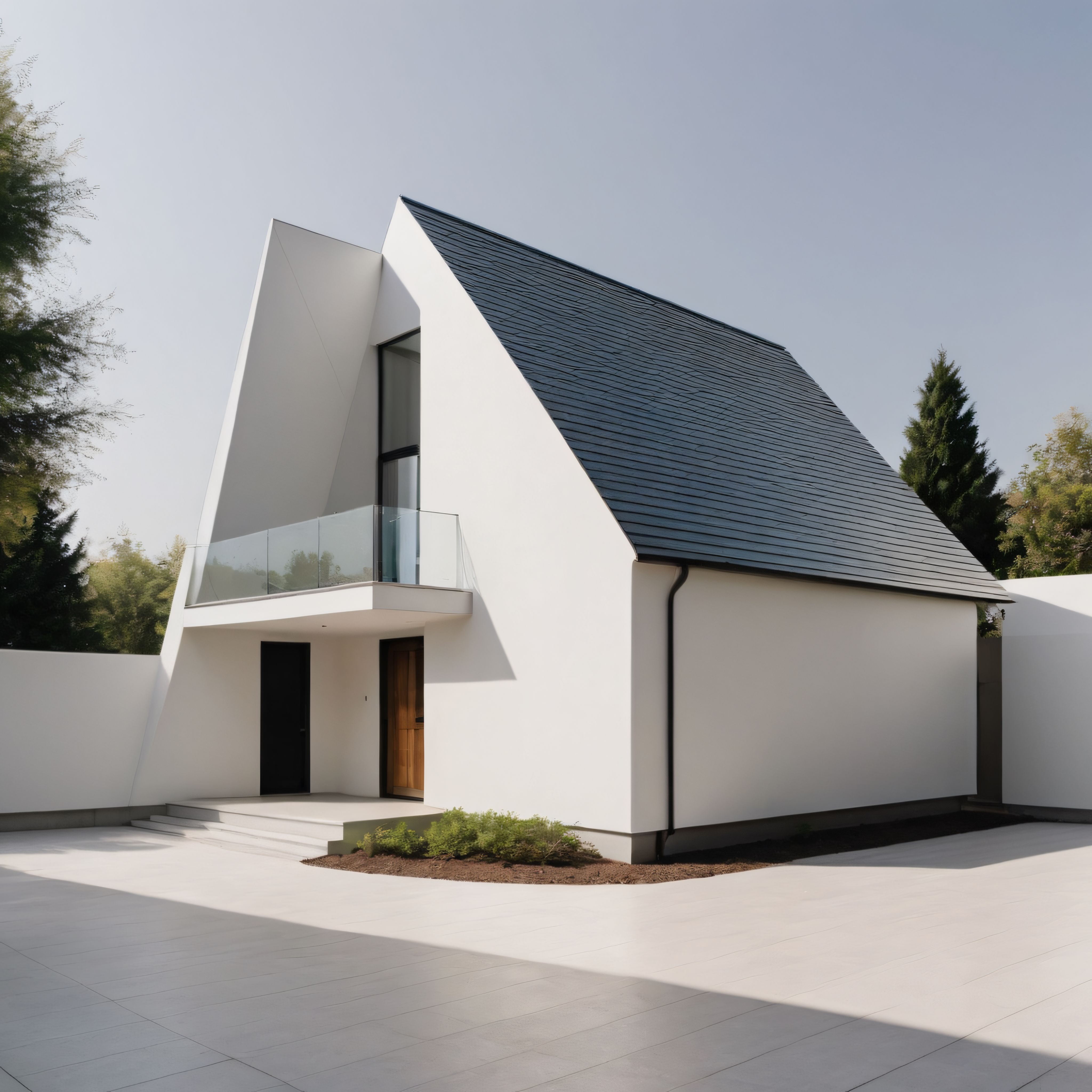 Modern ve Minimalist Çizgilerle Tasarlanmış Beyaz Cepheli Çatılı Ev