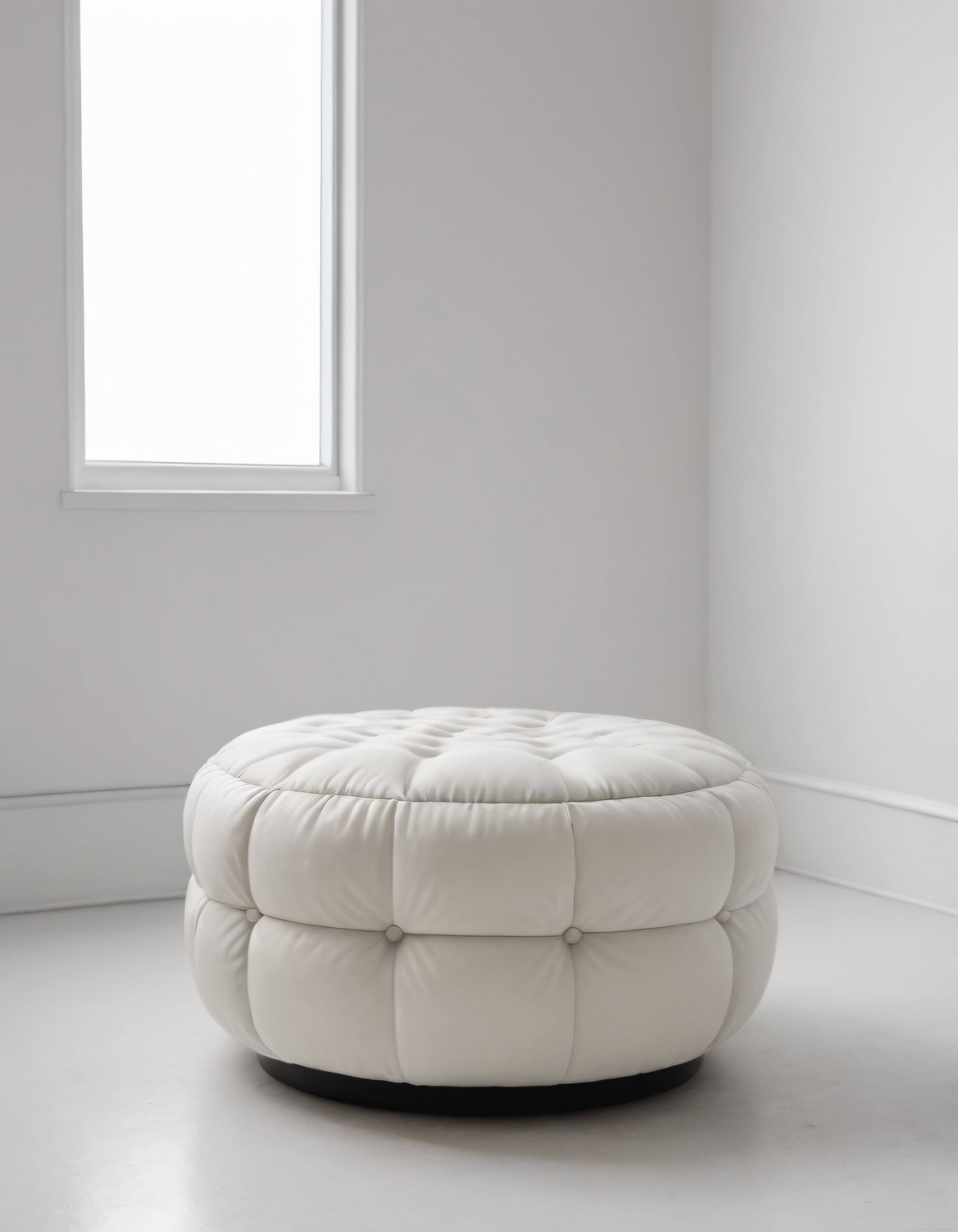 Modern ve Minimalist İç Mekanda Beyaz Kapitoneli Yuvarlak Puf Dekorasyonu