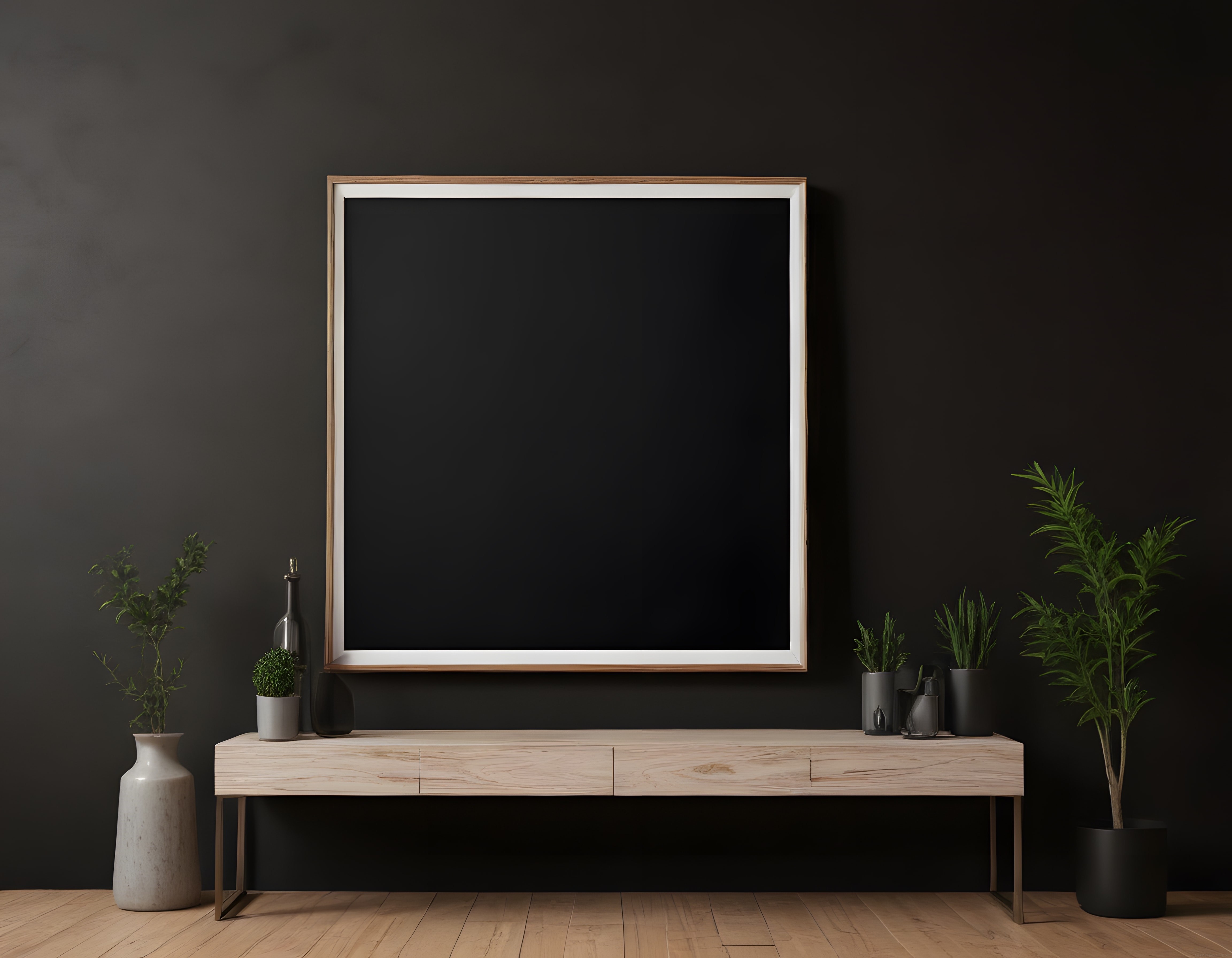 modern ve minimalist iç mekanda boş ahşap çerçeveli duvar dekorasyonu