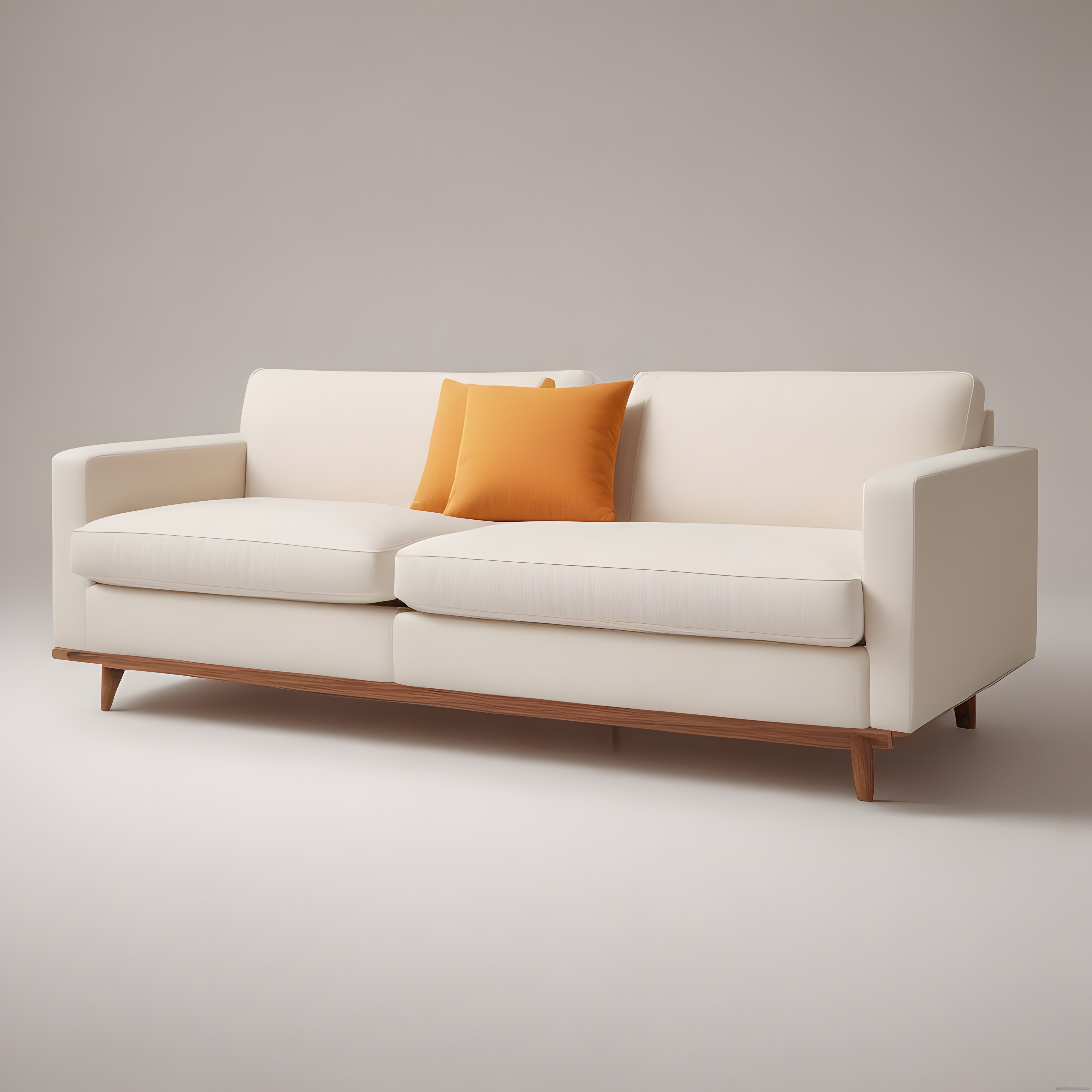 Modern ve Minimalist Krem Rengi Üçlü Kanepe ile Turuncu Kırlent Detayı