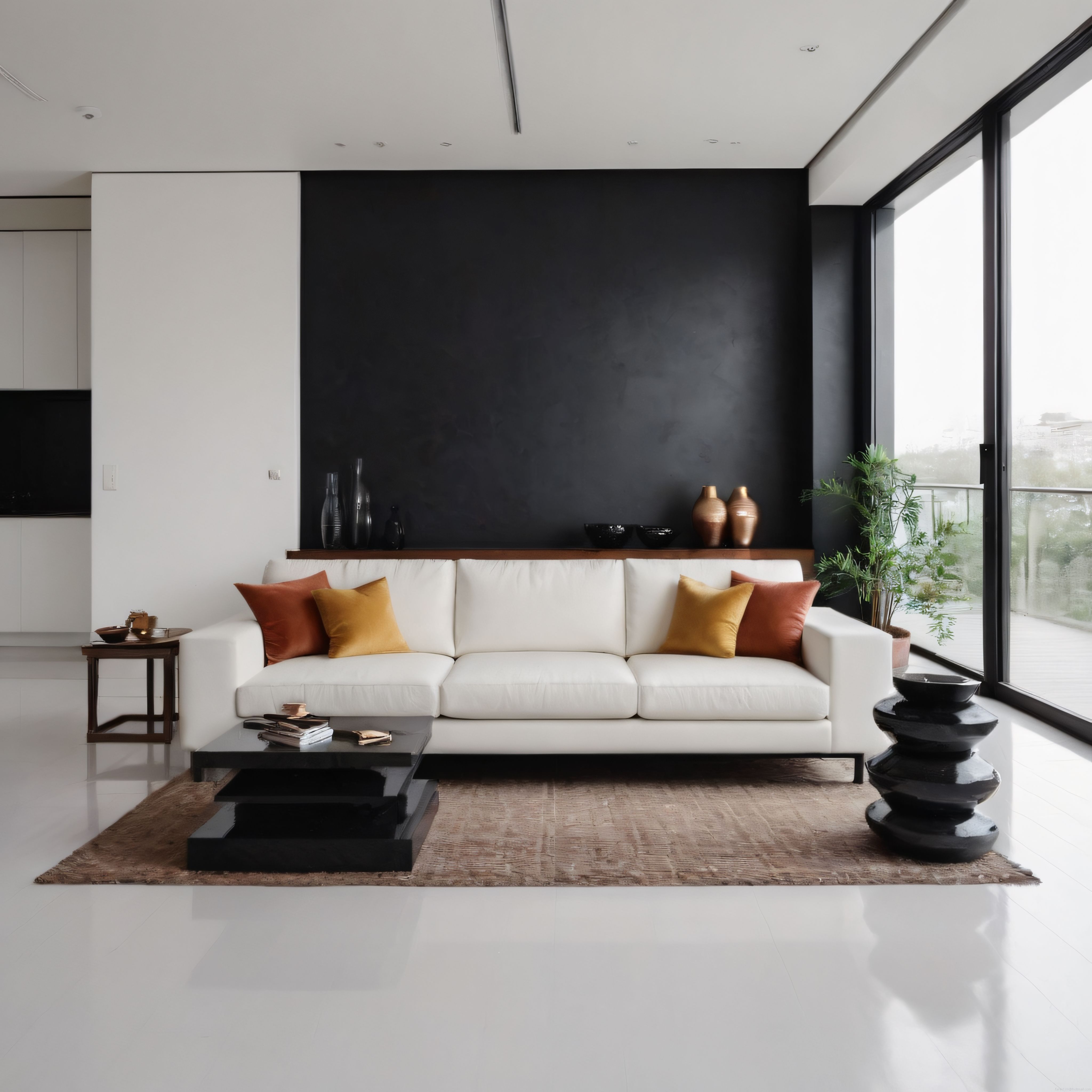 Modern ve Minimalist Salonda Siyah Beyaz Kontrast ve Sıcak Renkli Detaylar