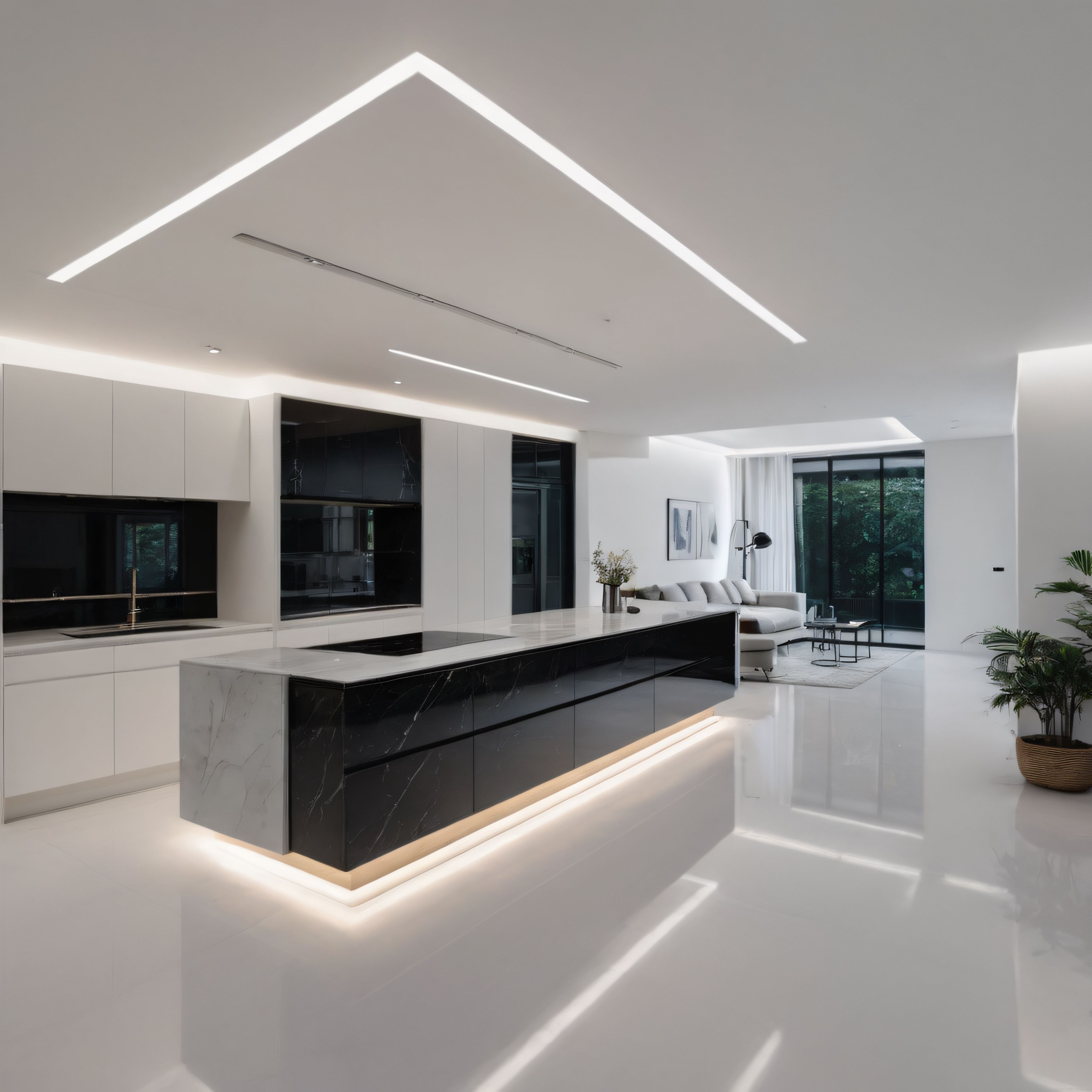 Modern ve Minimalist Siyah Beyaz Mutfak ile Ferah Açık Yaşam Alanı