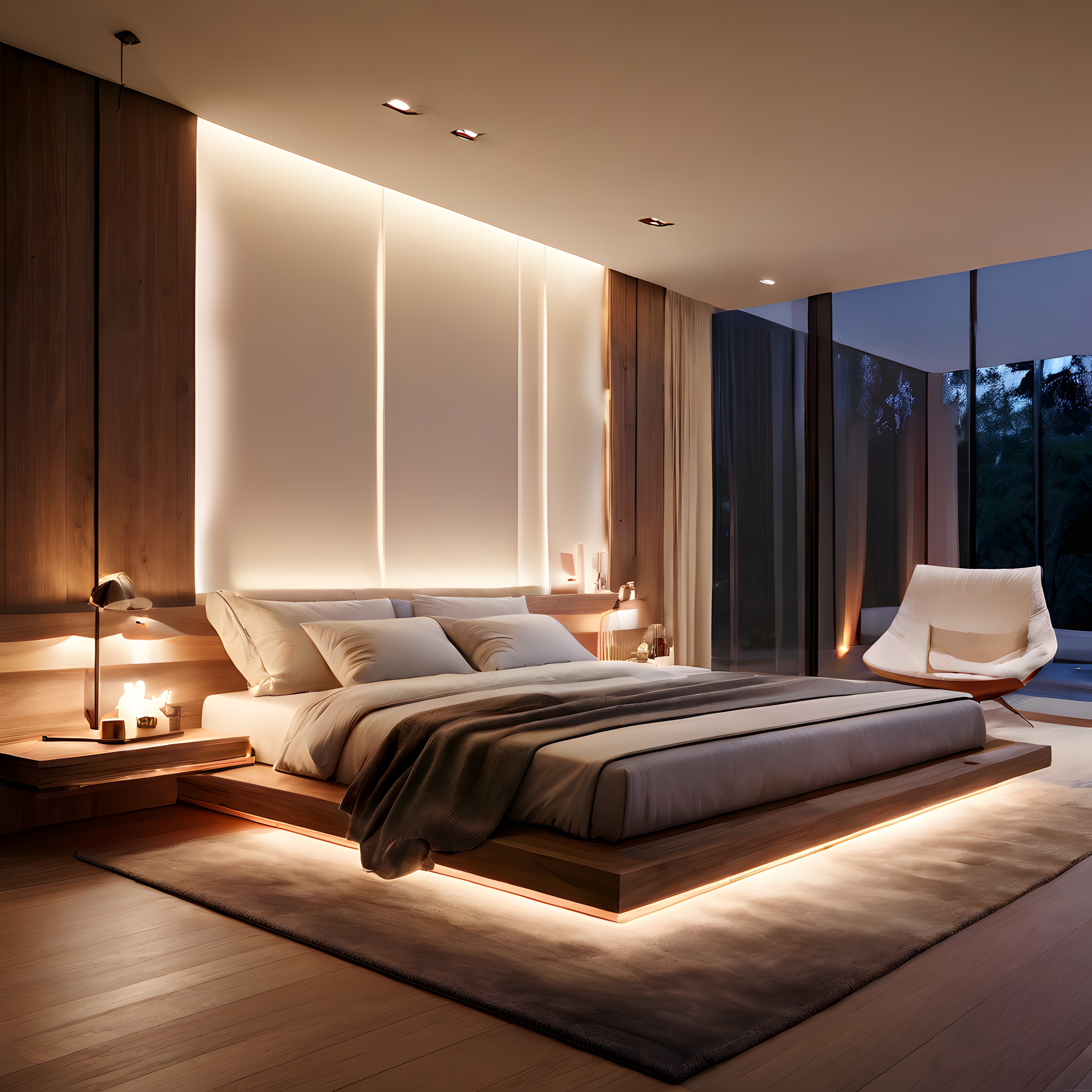 Modern ve Minimalist Yatak Odası: Sıcak Işıklandırma ve Şerit LED Detayları