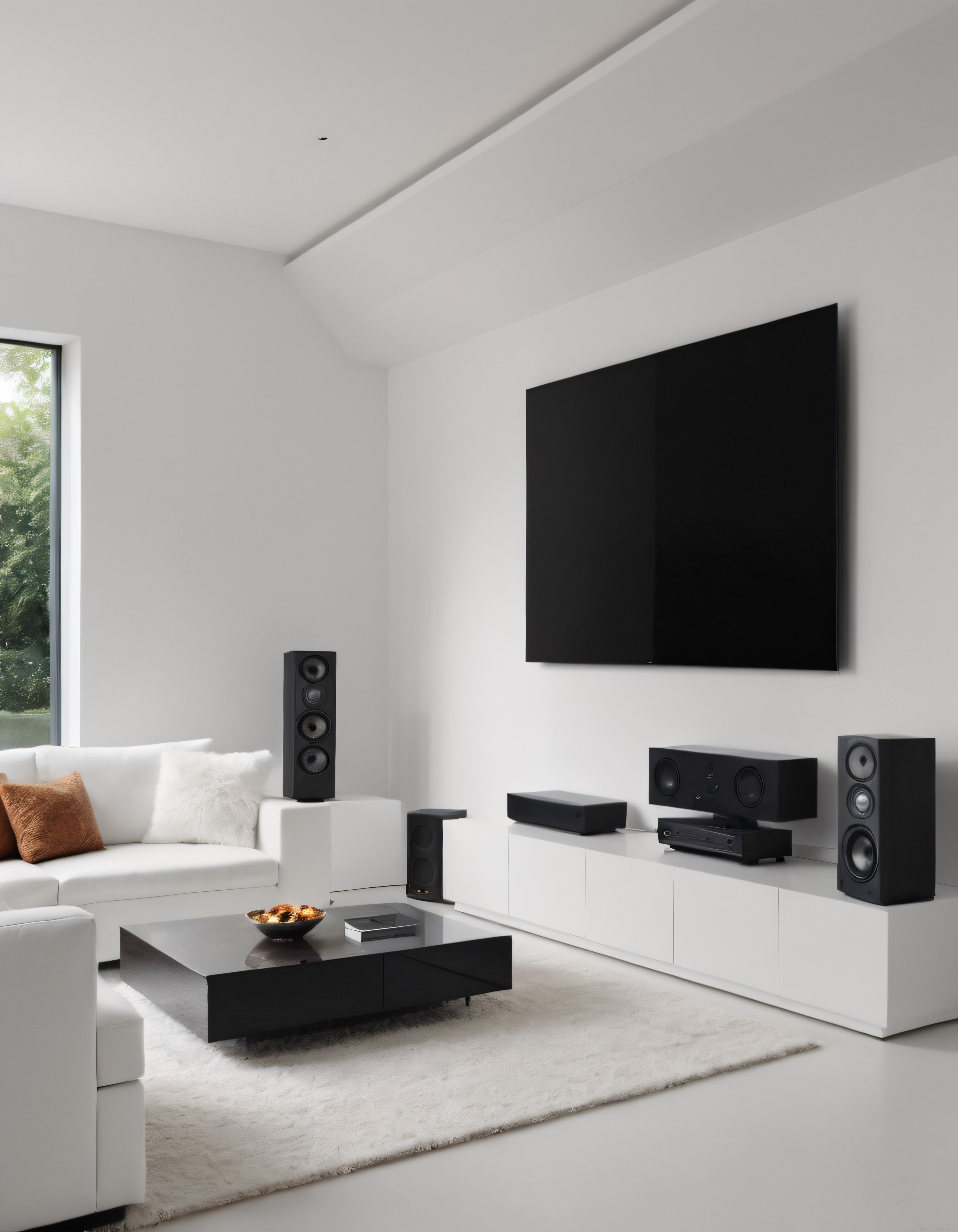 Modern ve Sade Beyaz Salon Dekorasyonu Büyük Ekran TV ve Ev Sinema Sistemi
