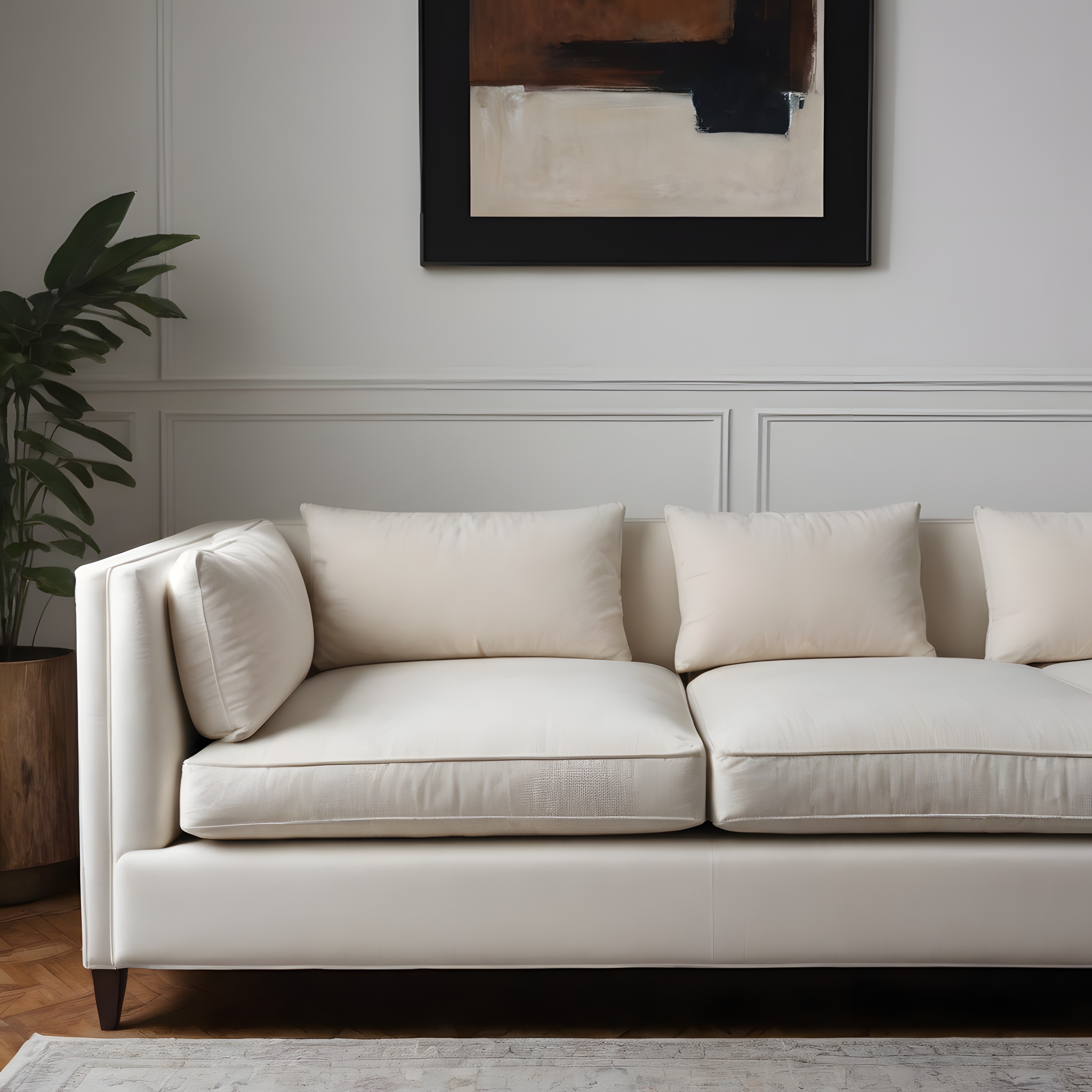 Modern ve Sade Bir Salon Dekorasyonu: Krem Rengi Kanepe ve Soyut Tablo Uyumu