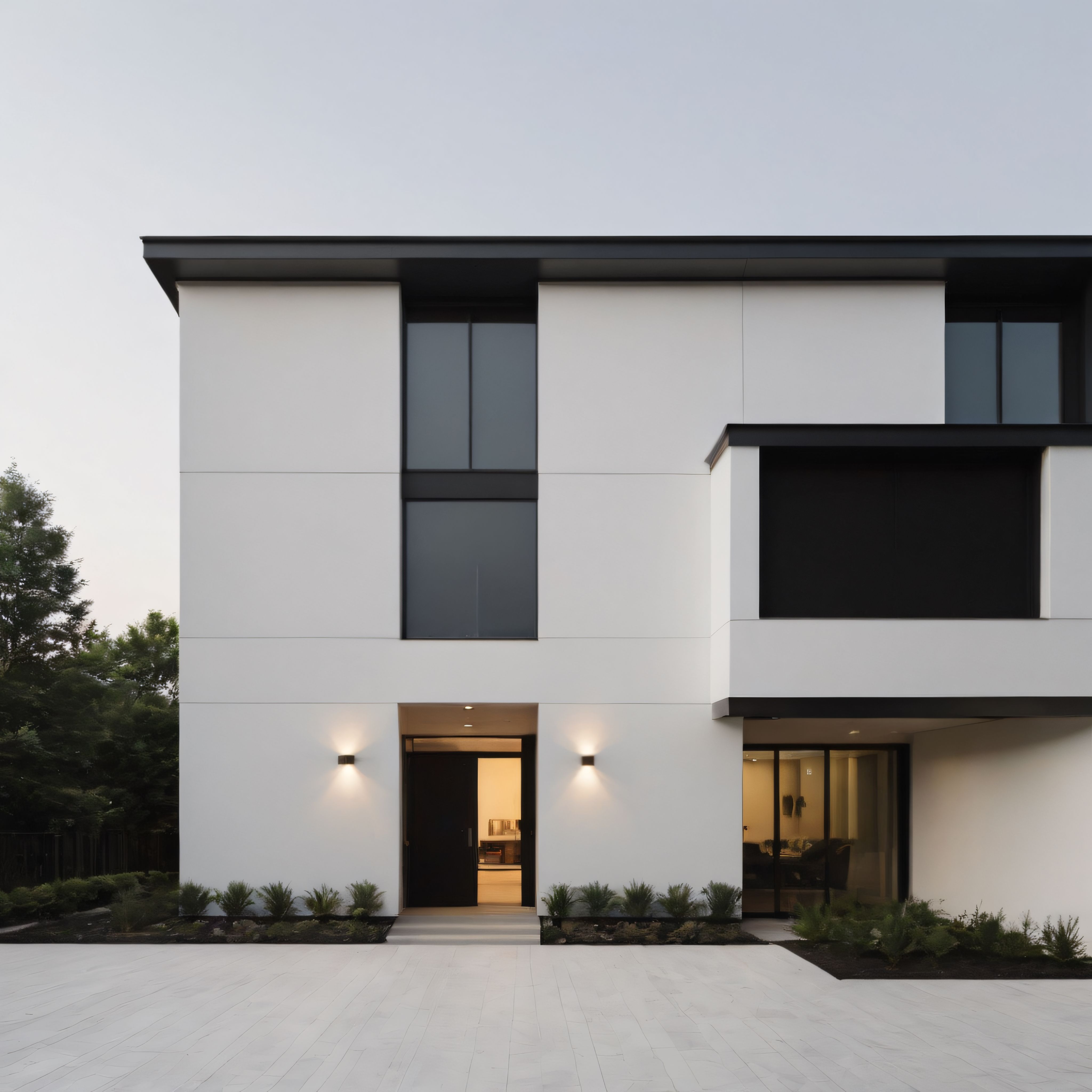 Modern Villa Cephesi: Geometrik Hatlar, Siyah Pencere Detayları ve Akşam Işığı