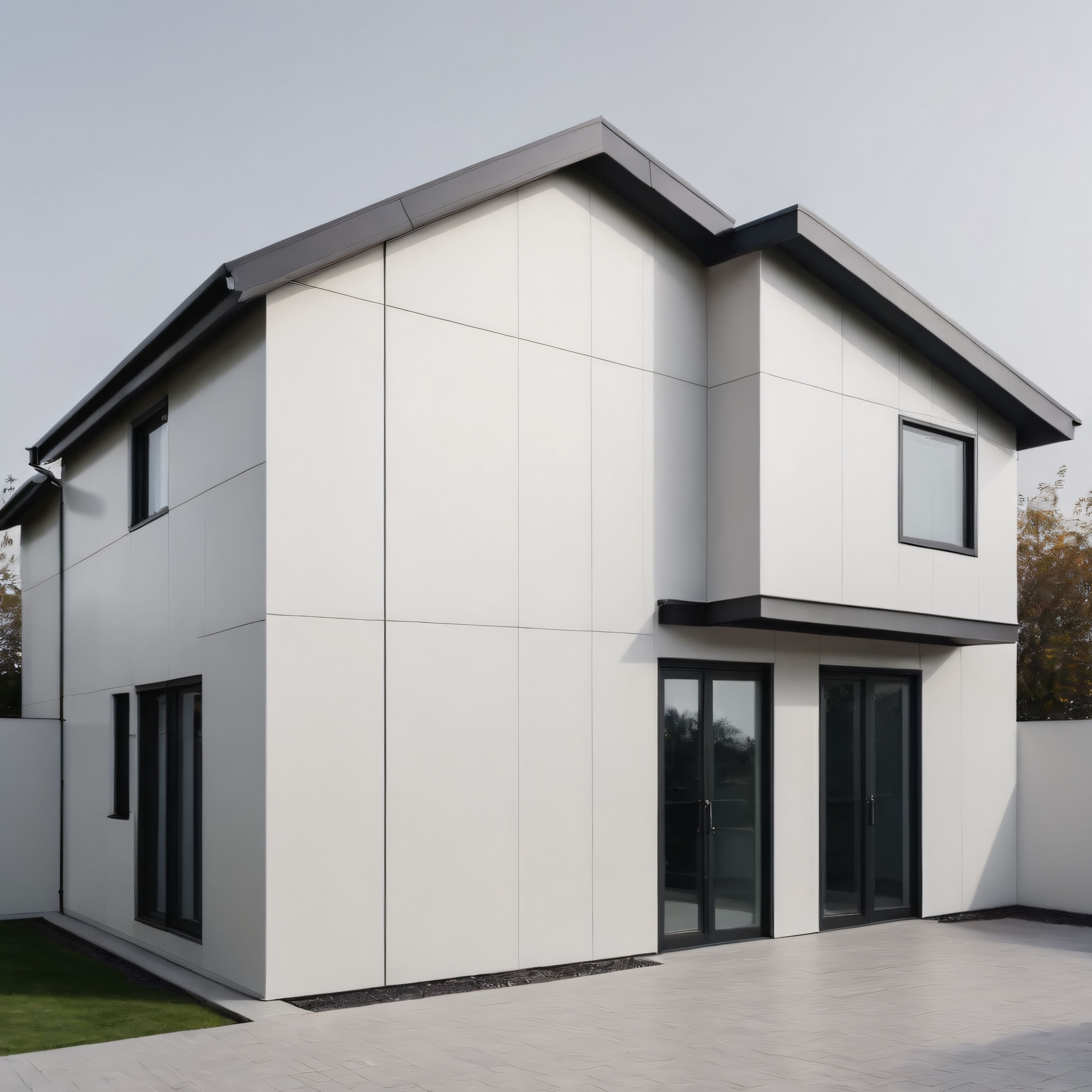 Modern Villa Görünümü: Minimalist Beyaz Dış Cephe ve Siyah Çerçeve Detayları