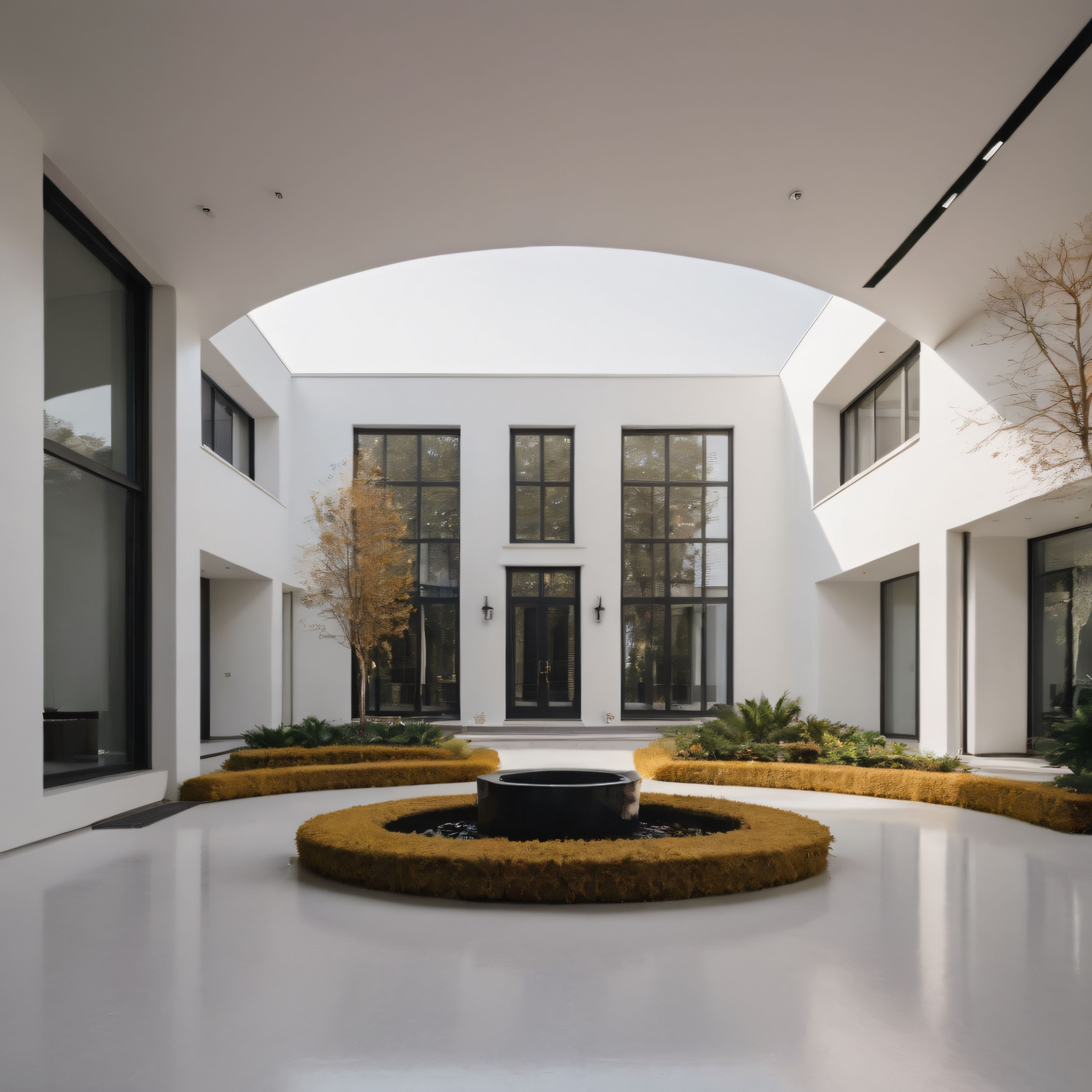 Modern Villa İç Avlusu: Minimalist Mimari, Merkezi Süs Havuzu ve Gün Işığı