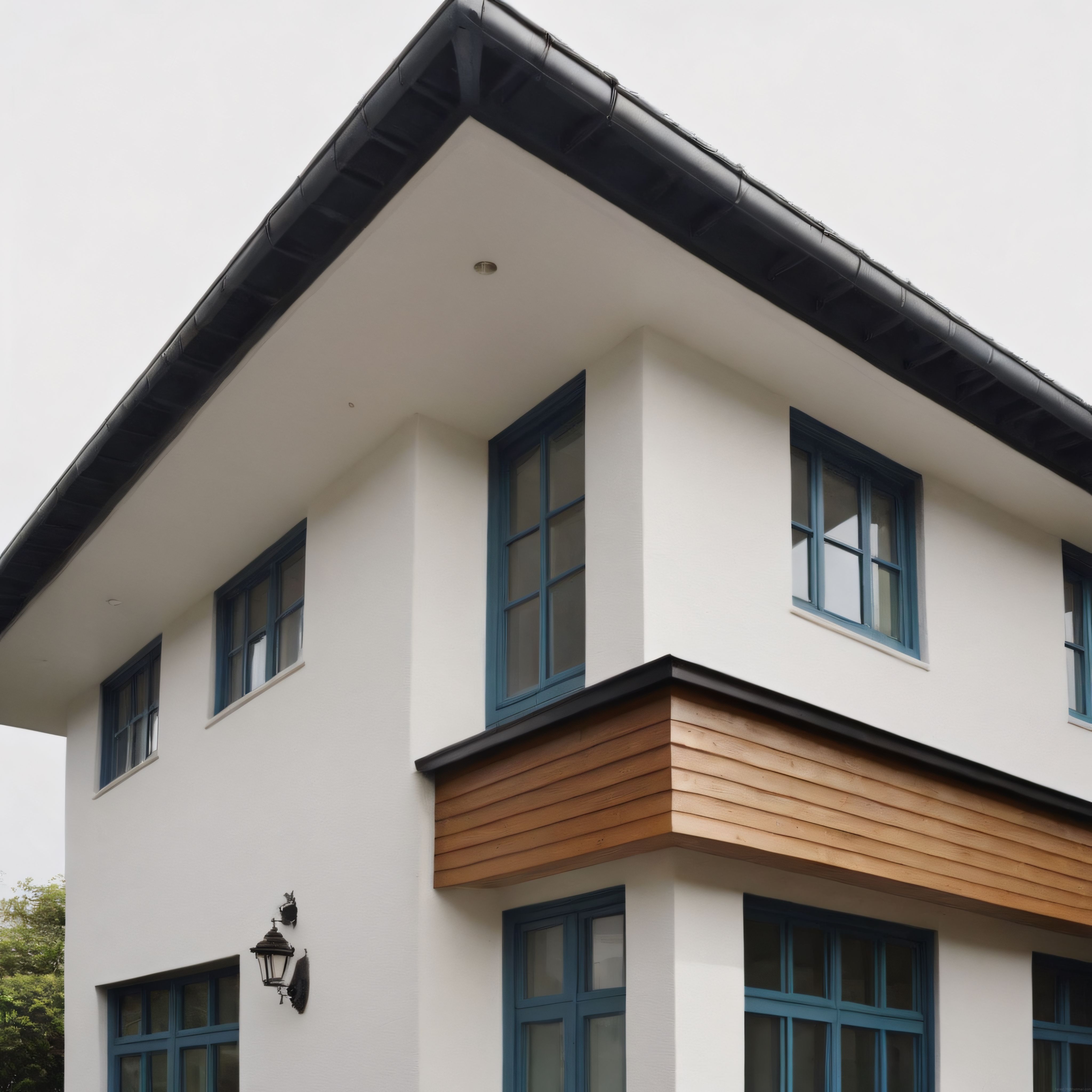 Modern Villa Köşesi: Beyaz Cephe, Mavi Pencere ve Doğal Ahşap Kaplama Detayı