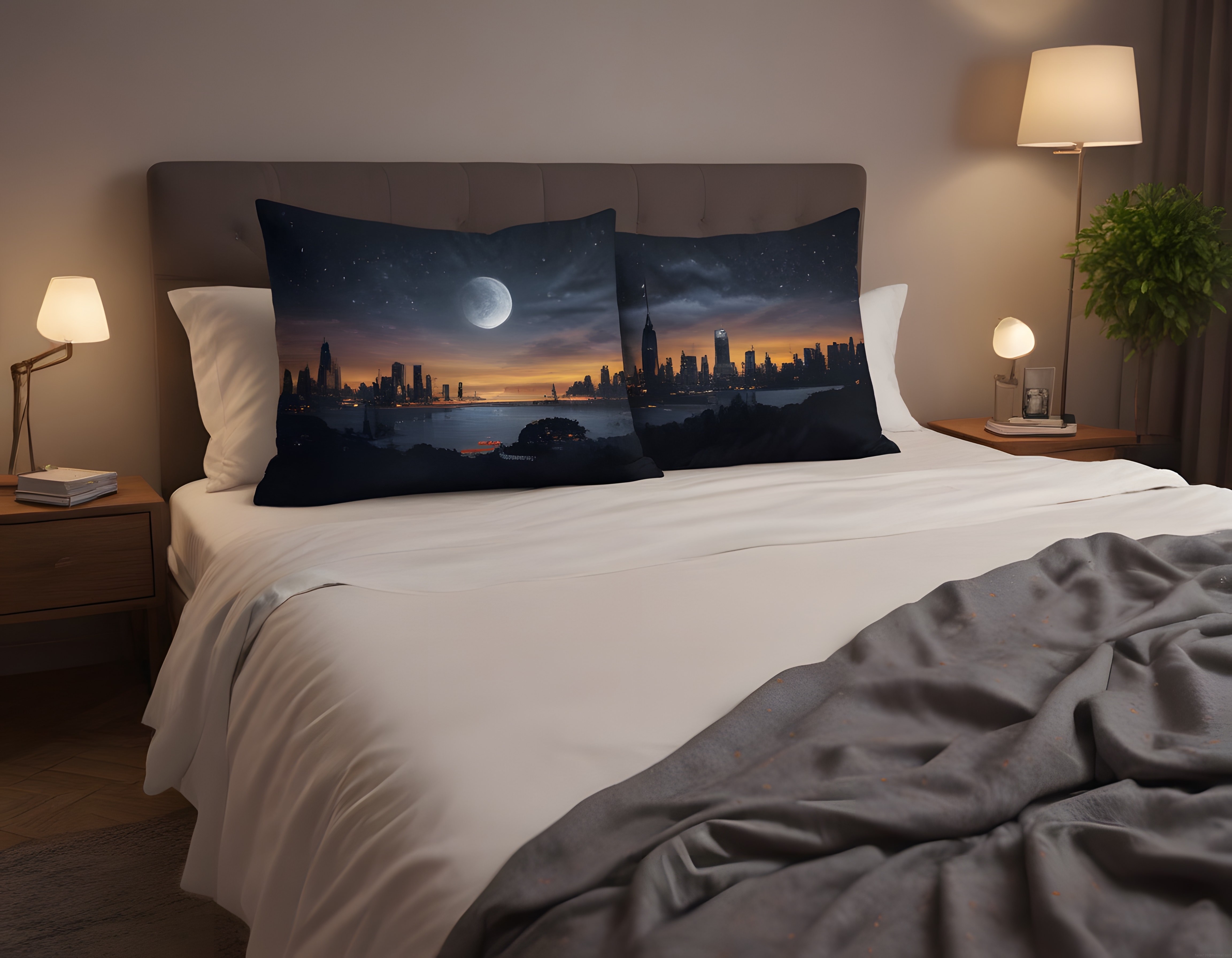 Modern Yatak Odasında Gece Manzaralı Dekoratif Kırlentler ve Şehir Silüeti