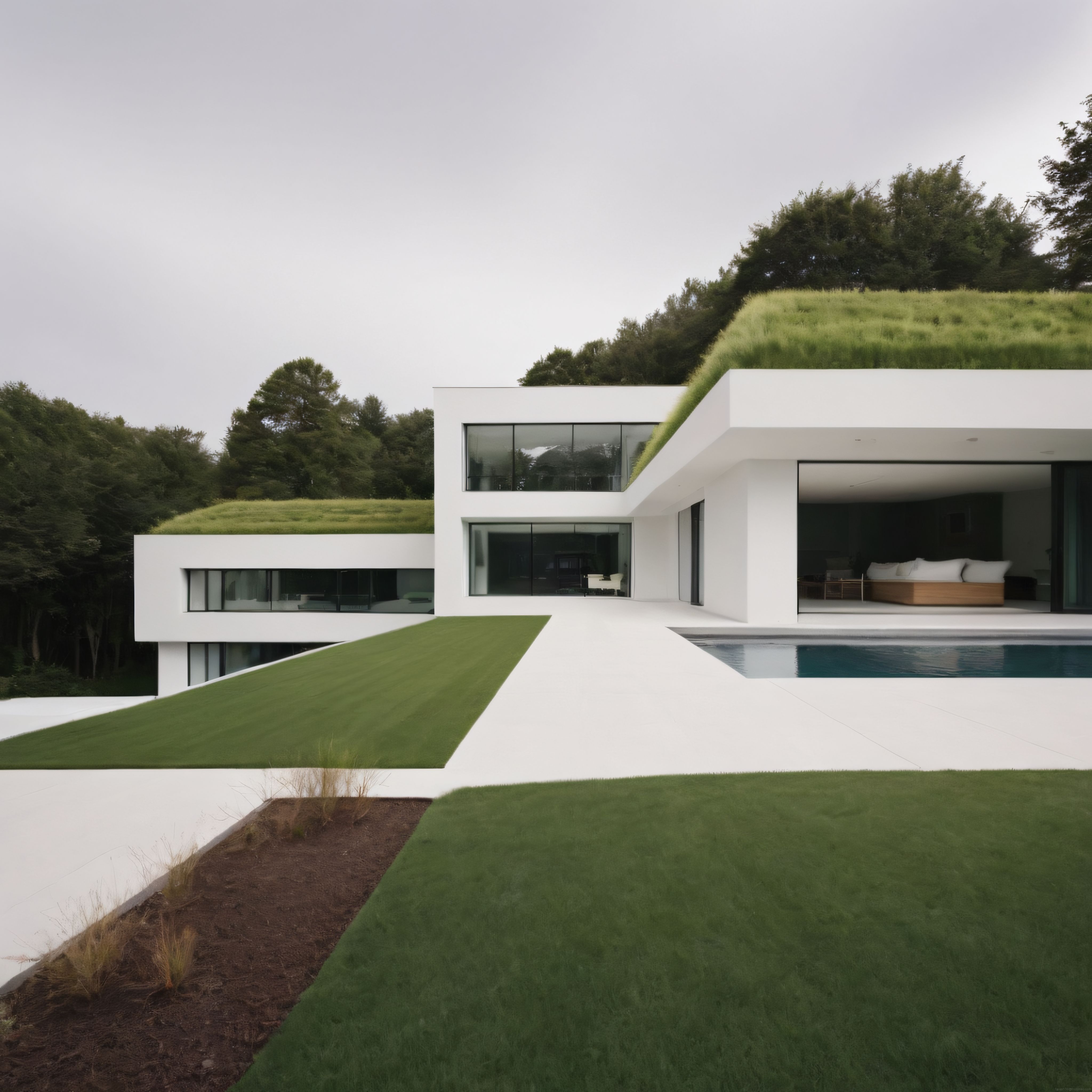 Modern Yeşil Çatılı Villa: Doğayla Bütünleşen Minimalist Mimari
