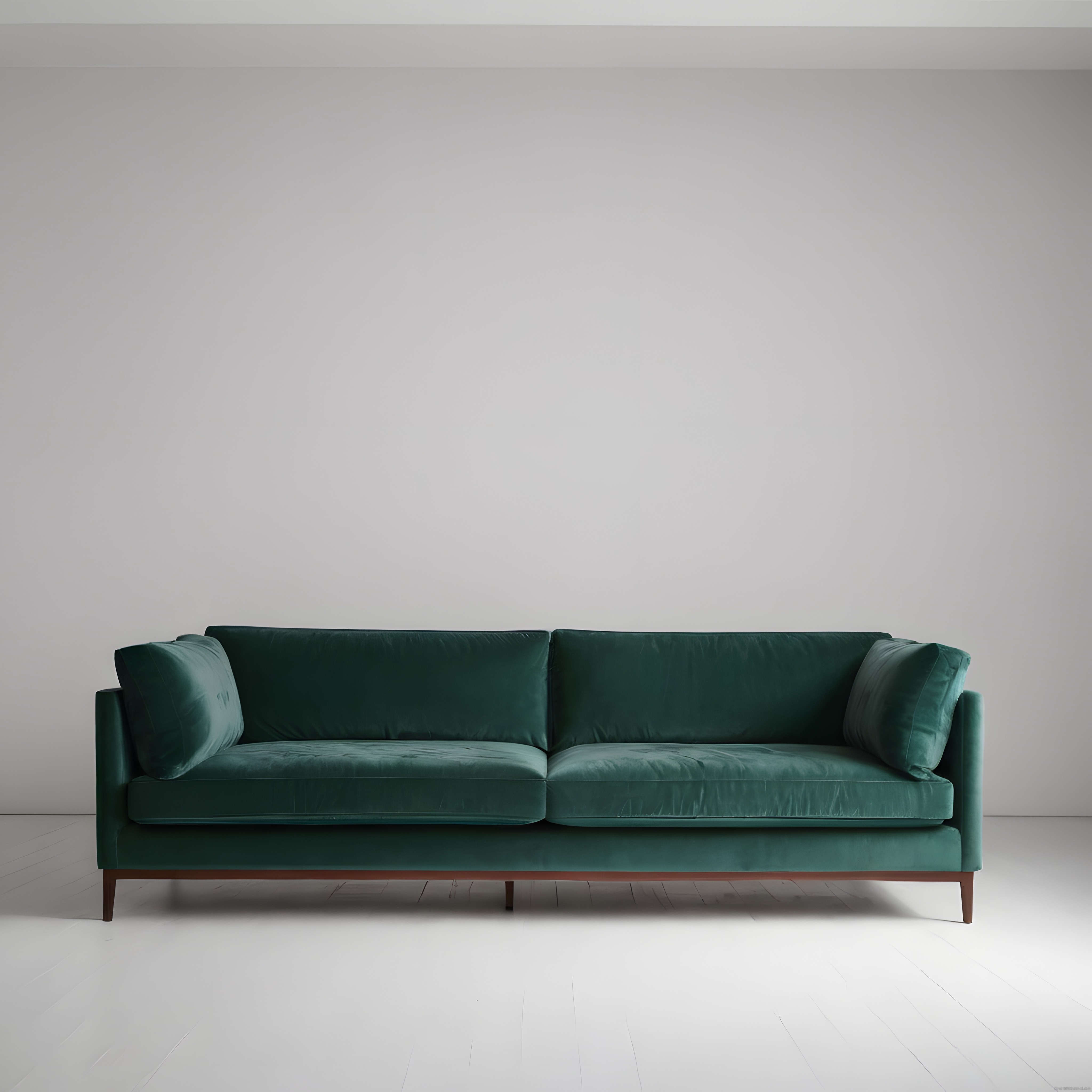 Modern Yeşil Kadife Üçlü Kanepe ve Minimalist Beyaz Salon Dekorasyonu
