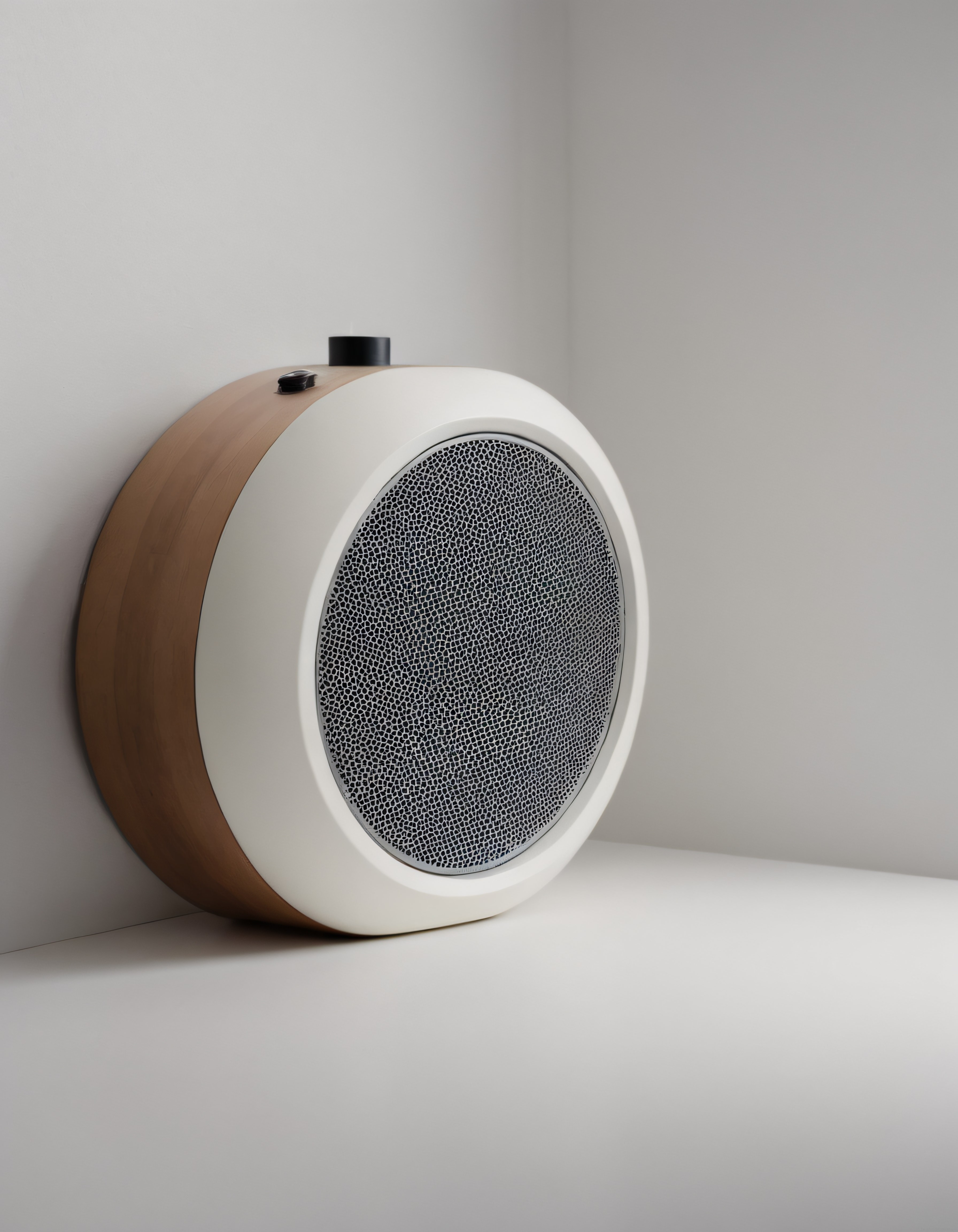 Modern Yuvarlak Bluetooth Hoparlör: Doğal Ahşap ve Minimalist Beyaz Tasarım