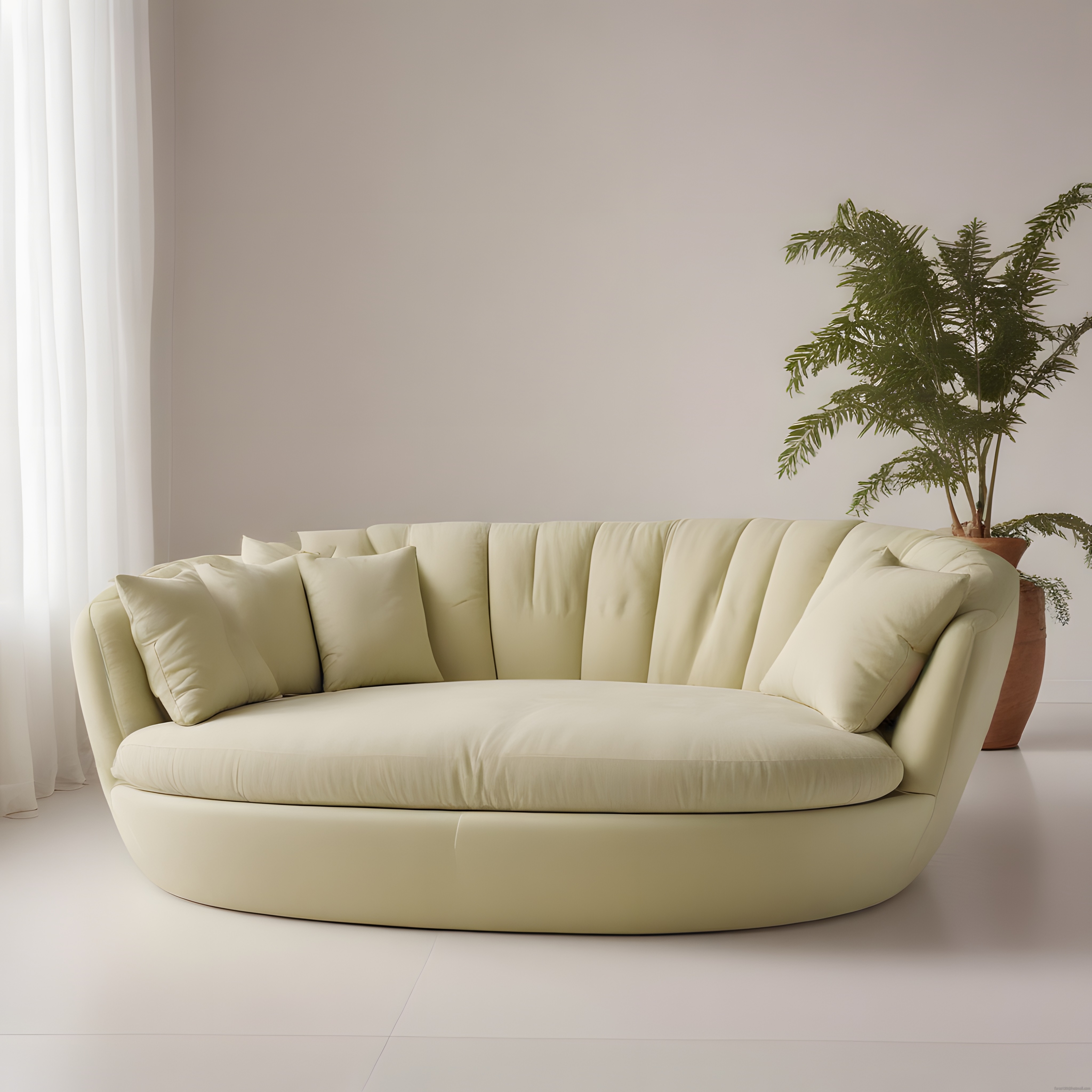 modern yuvarlak koltuklu aydınlık salon dekorasyonu ve yeşil bitki detayı