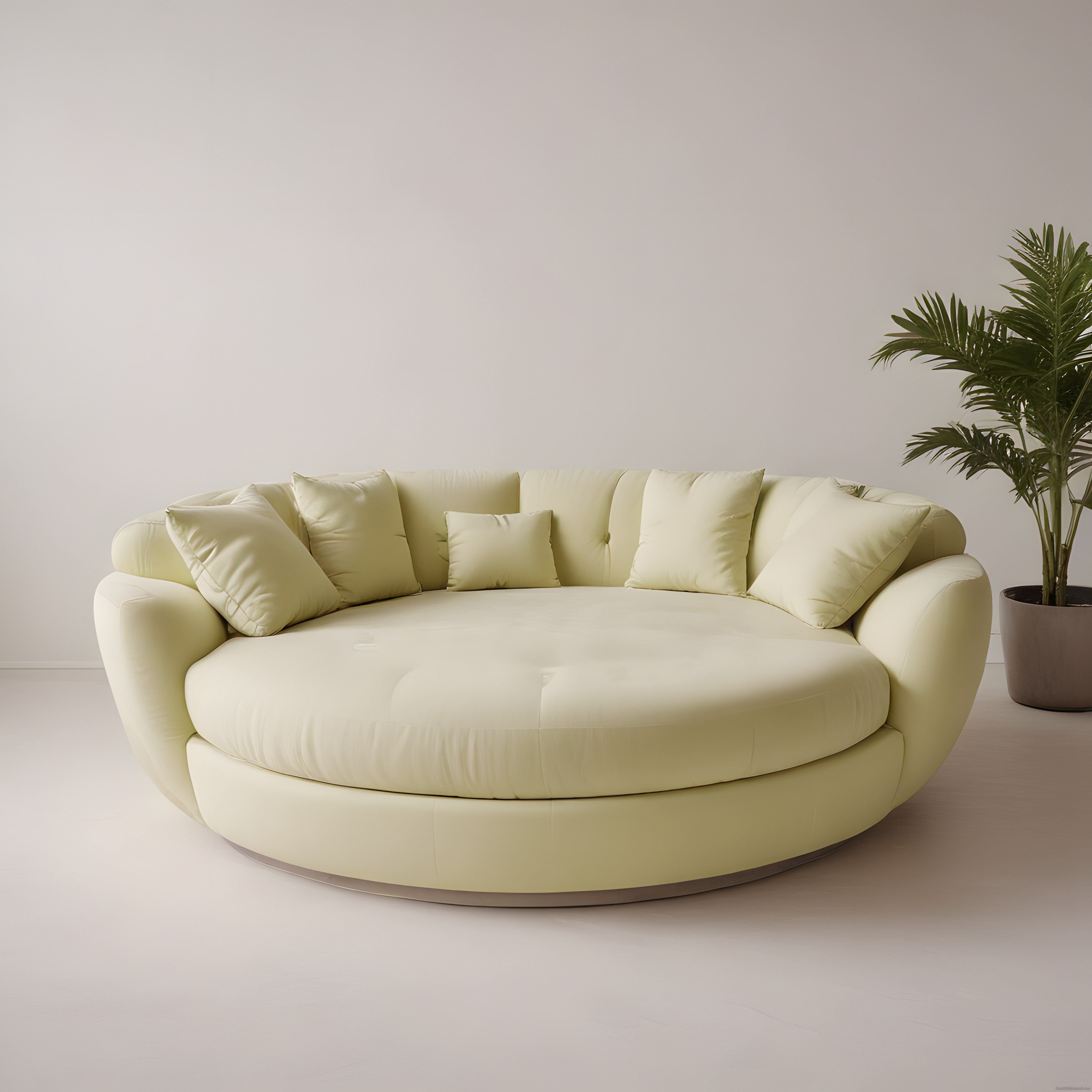 Modern Yuvarlak Krem Kanepe ve Saksı Bitkisi ile Minimalist Salon Dekoru