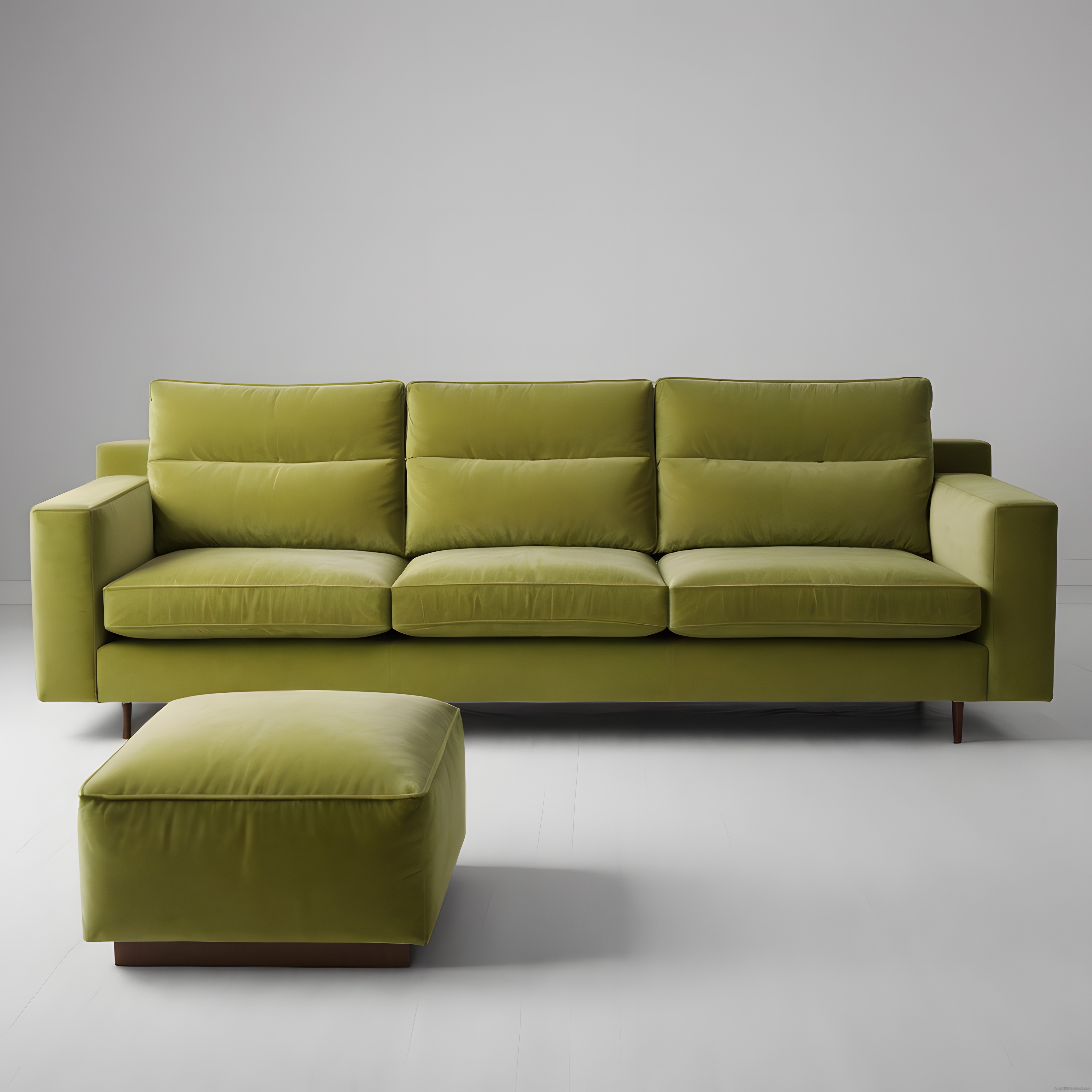 Modern Zeytin Yeşili Kadife Koltuk ve Puf ile Minimalist Salon Dekorasyonu