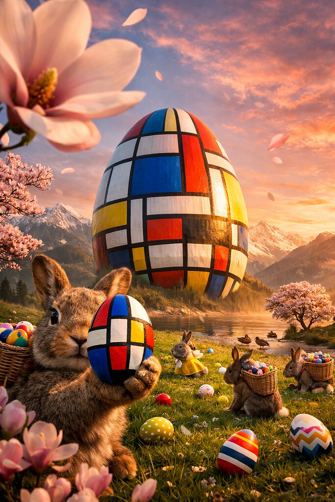 mondrian tarzı dev paskalya yumurtası ve tavşanlı bahar manzarası illüstrasyon