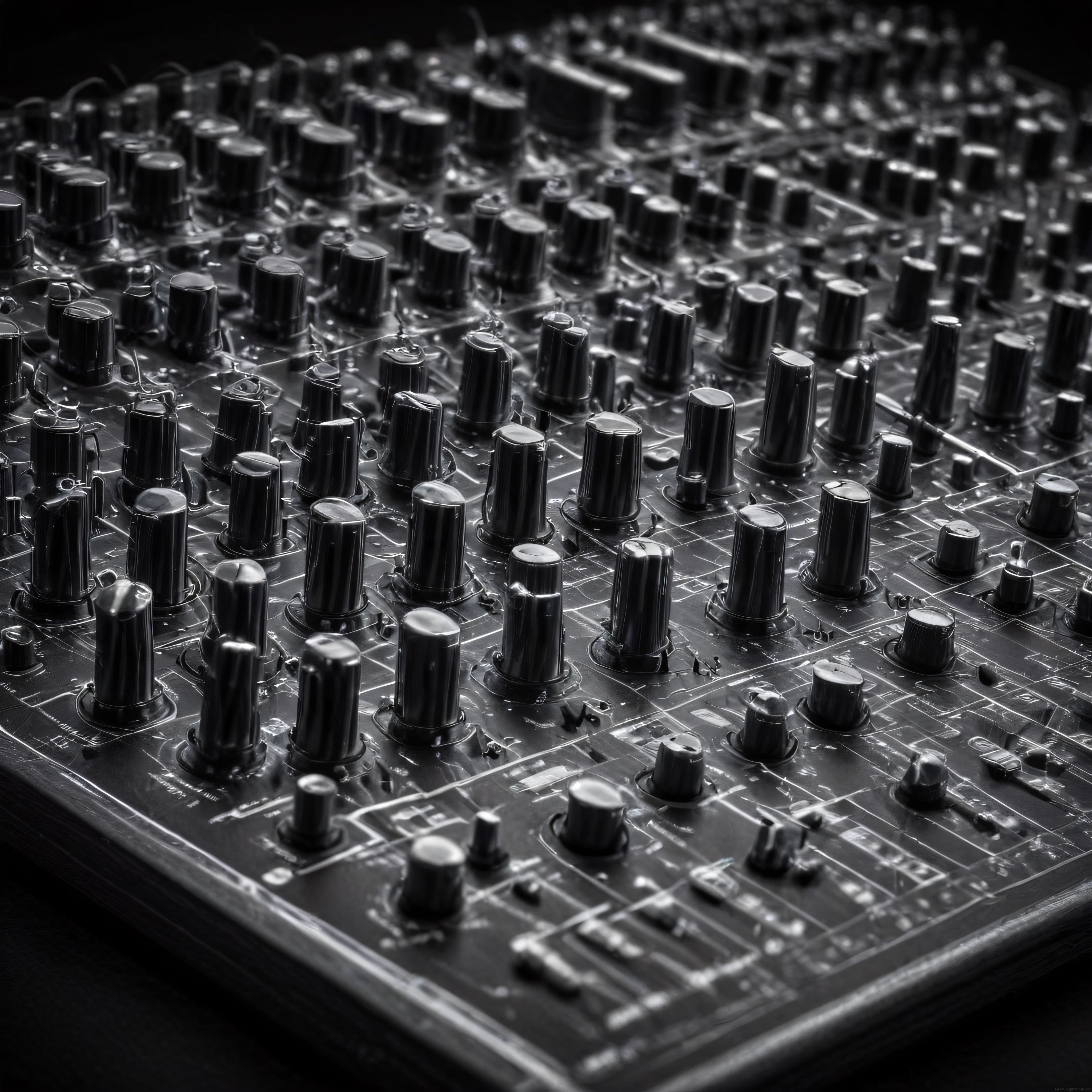 Monokrom DJ Mikseri Yakın Çekimi: Ses Kontrol Panellerinin Teknik Estetiği