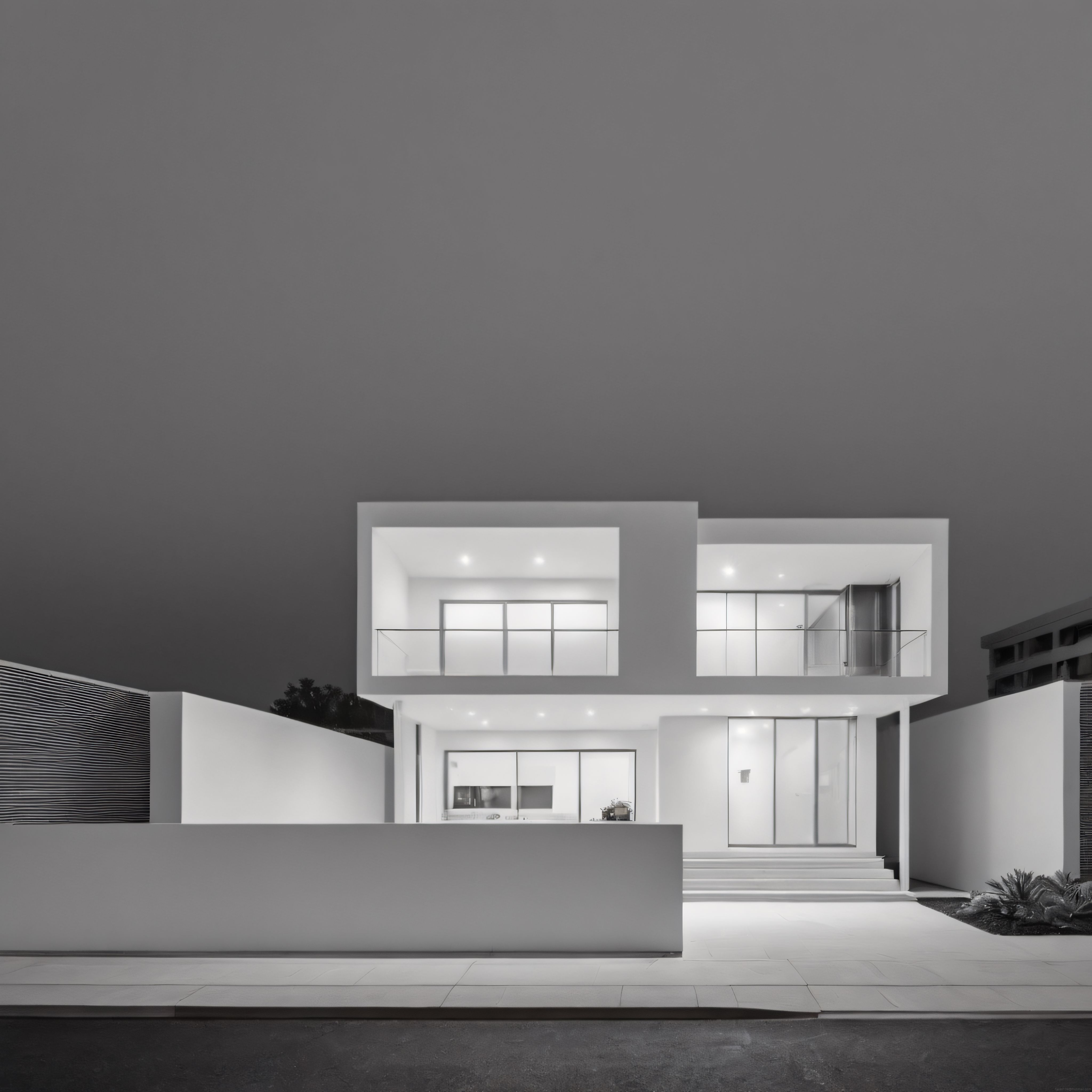 Monokrom Gece Fotoğrafında Işıklandırılmış Modern Mimari Villa Ön Cephesi